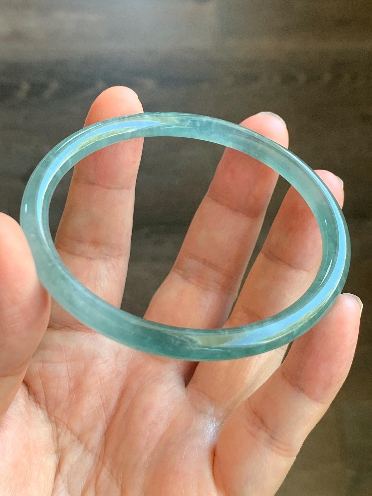 Certified Natural Grade A Guatemalan Icy Highly Translucent Light Green Jade Jadeite Slim Bangle 58.76mm 7.26” 17.55g 天然冰胶危晴绿翡翠圆条手镯 8770
