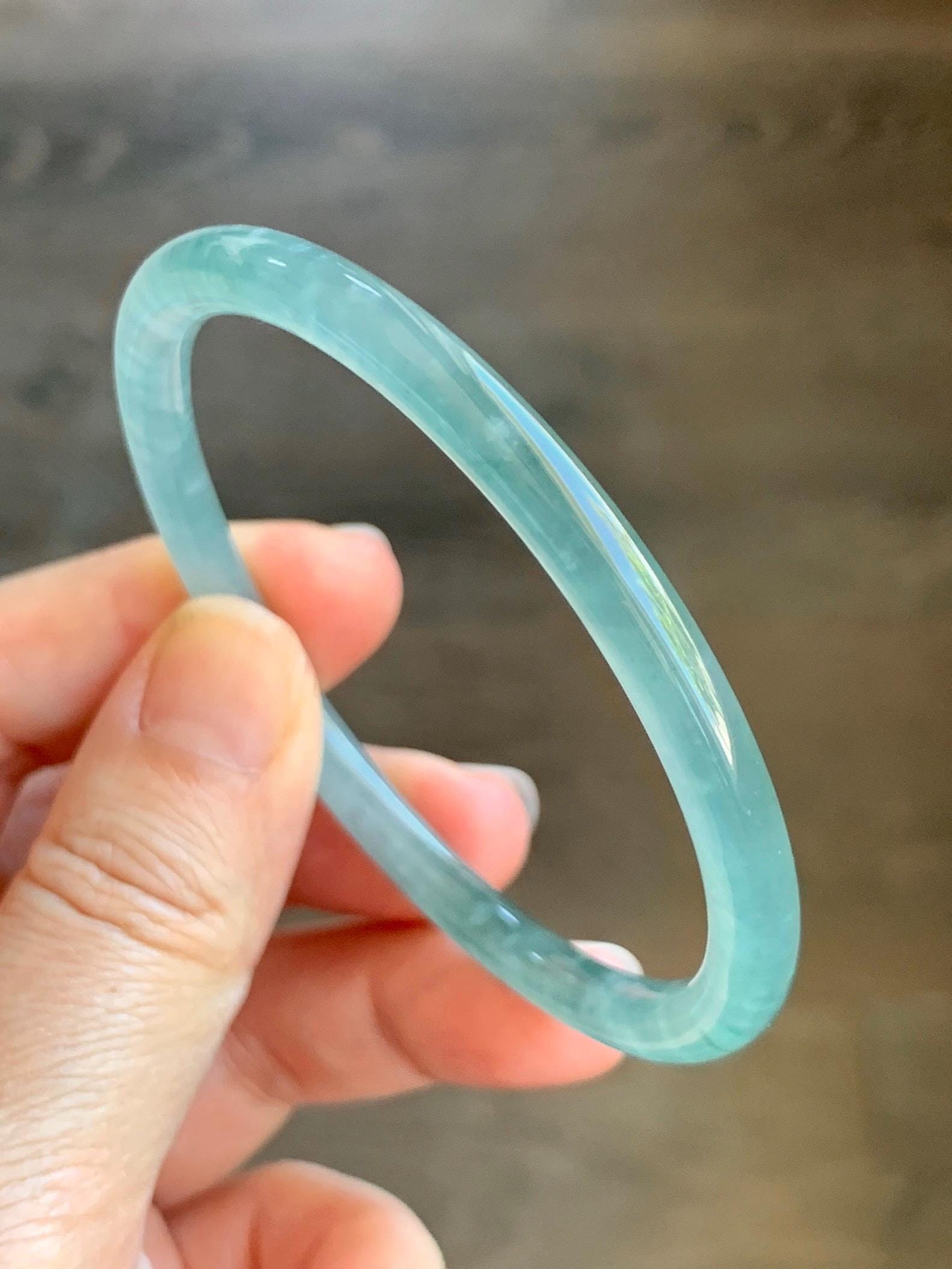 Certified Natural Grade A Guatemalan Icy Highly Translucent Light Green Jade Jadeite Slim Bangle 58.76mm 7.26” 17.55g 天然冰胶危晴绿翡翠圆条手镯 8770