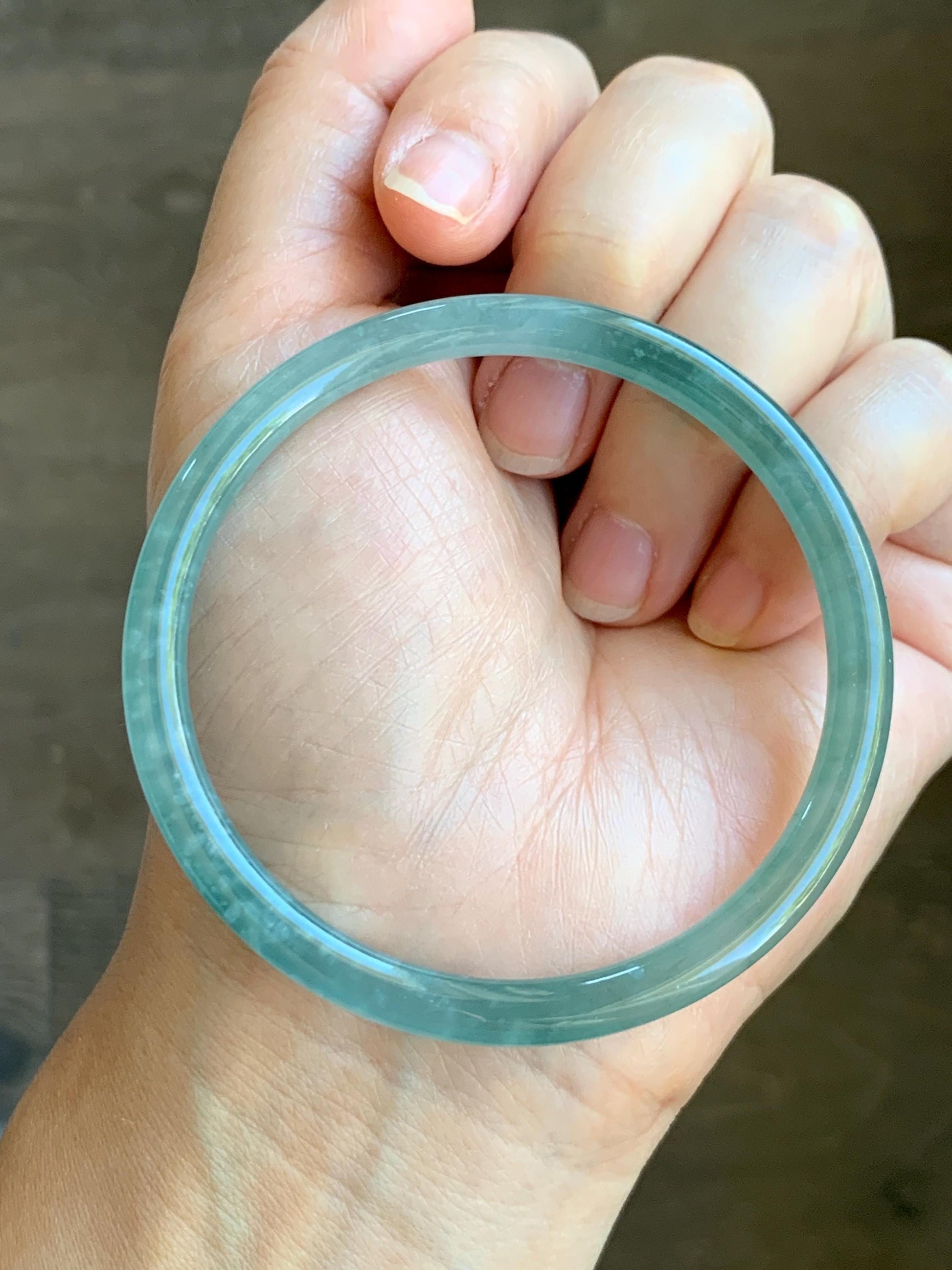 Certified Natural Grade A Guatemalan Icy Highly Translucent Light Green Jade Jadeite Slim Bangle 58.76mm 7.26” 17.55g 天然冰胶危晴绿翡翠圆条手镯 8770