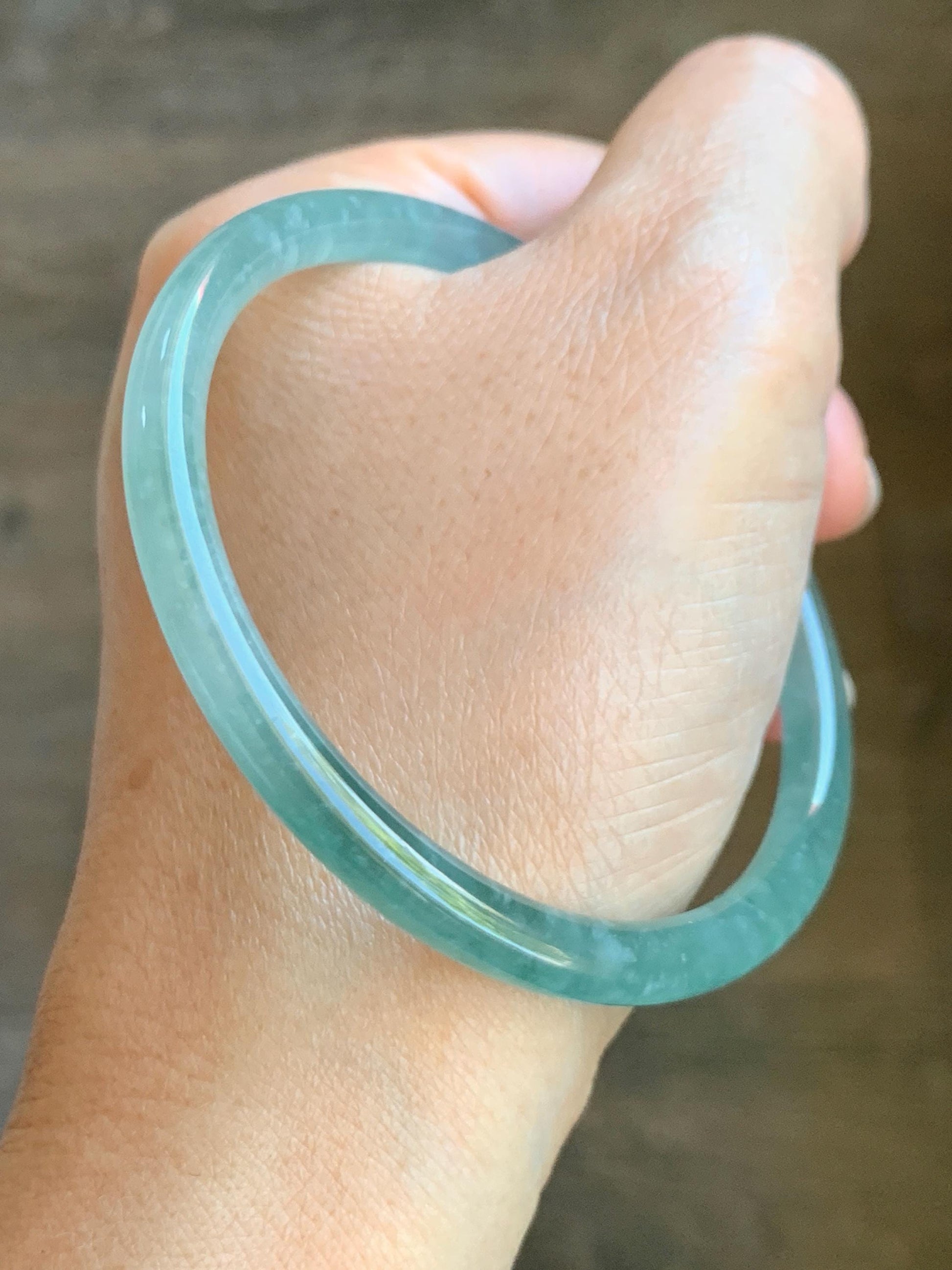 Certified Natural Grade A Guatemalan Icy Highly Translucent Light Green Jade Jadeite Slim Bangle 58.76mm 7.26” 17.55g 天然冰胶危晴绿翡翠圆条手镯 8770