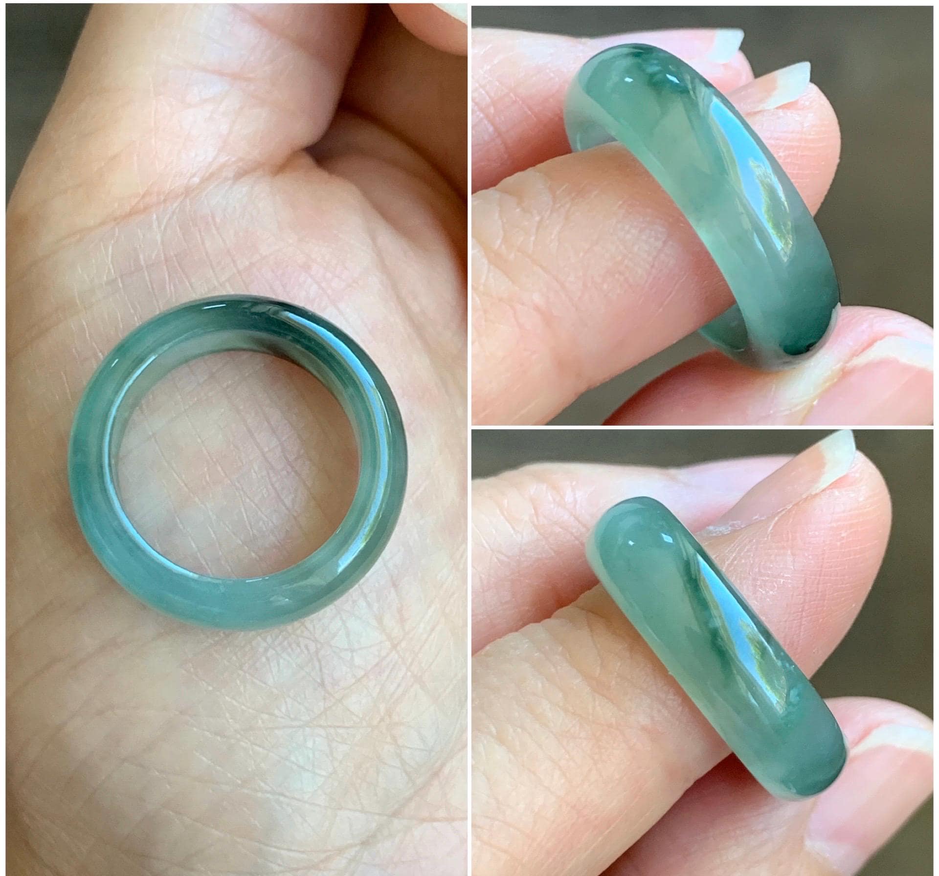 Certified Natural Grade A Icy Translucent Gelatinous Old Mine Green Marbled Jade Jadeite Band Ring Size 6.5 US 3.76g 天然冰胶绿飘花翡翠戒圈 8732