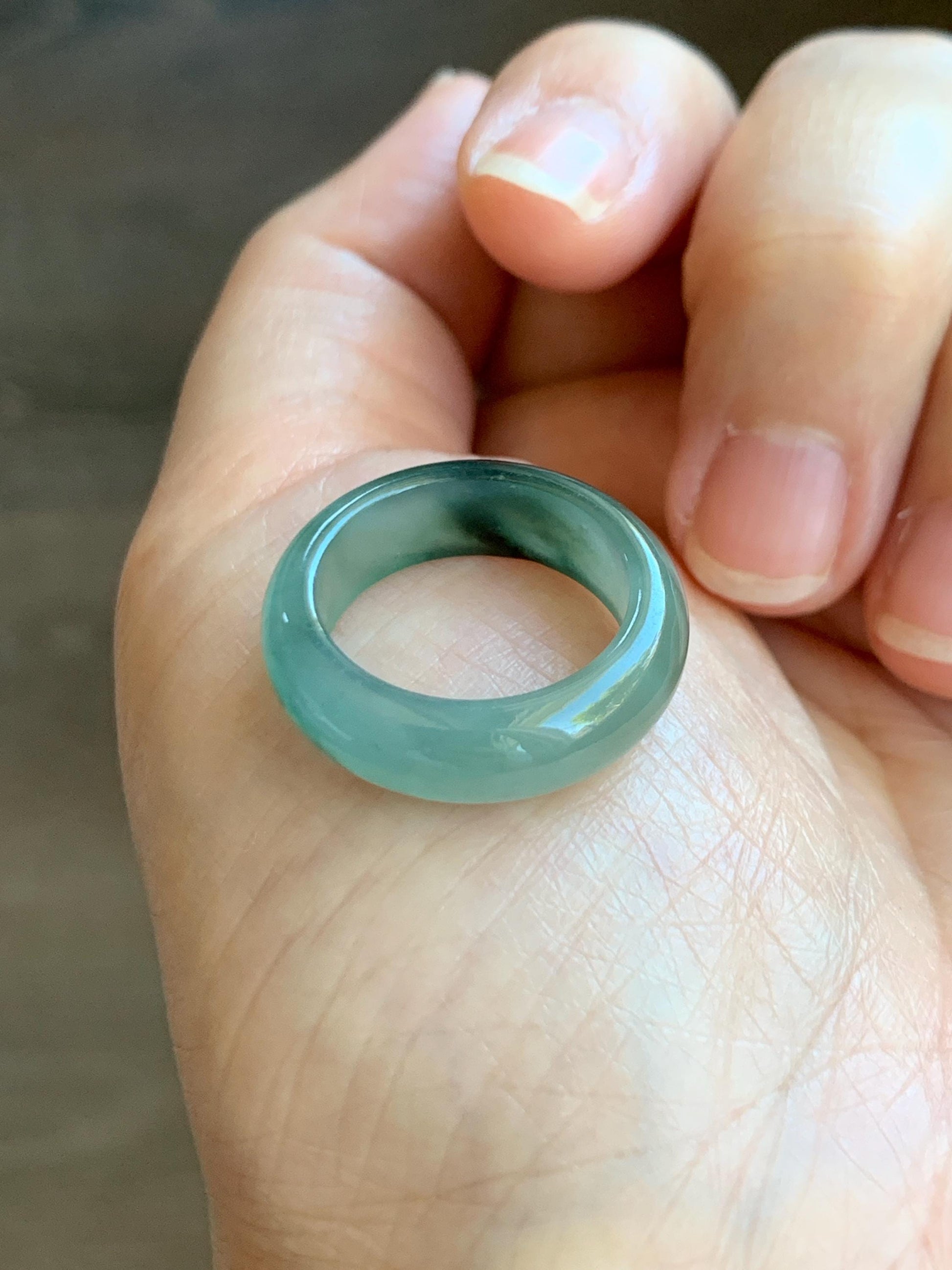 Certified Natural Grade A Icy Translucent Gelatinous Old Mine Green Marbled Jade Jadeite Band Ring Size 6.5 US 3.76g 天然冰胶绿飘花翡翠戒圈 8732