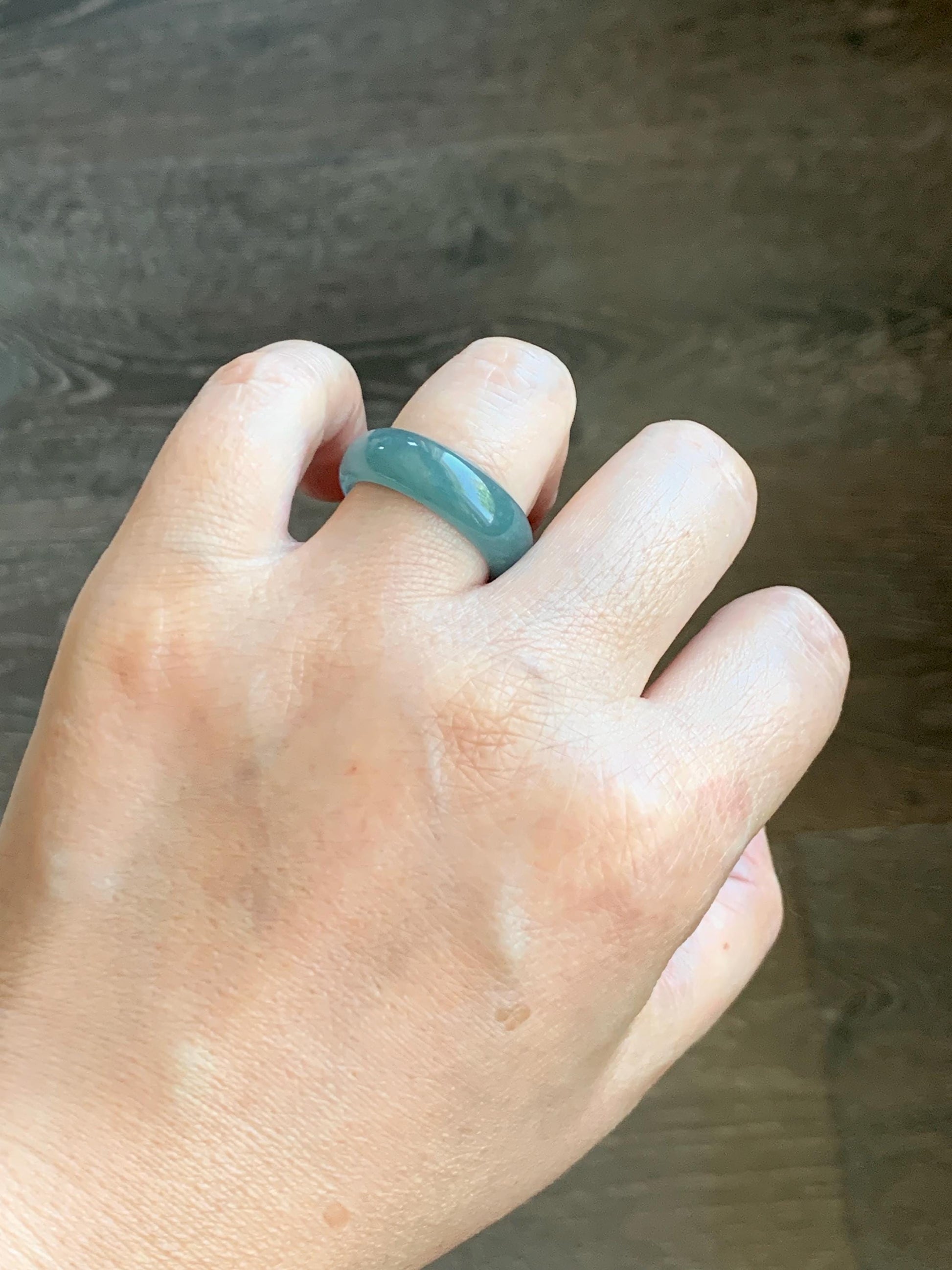 Natural Grade A Guatemalan Icy Translucent Dusty Teal Blue Jade Jadeite Wide Band Ring Size 9 US 天然冰危蓝绿翡翠戒圈 KWJ55A