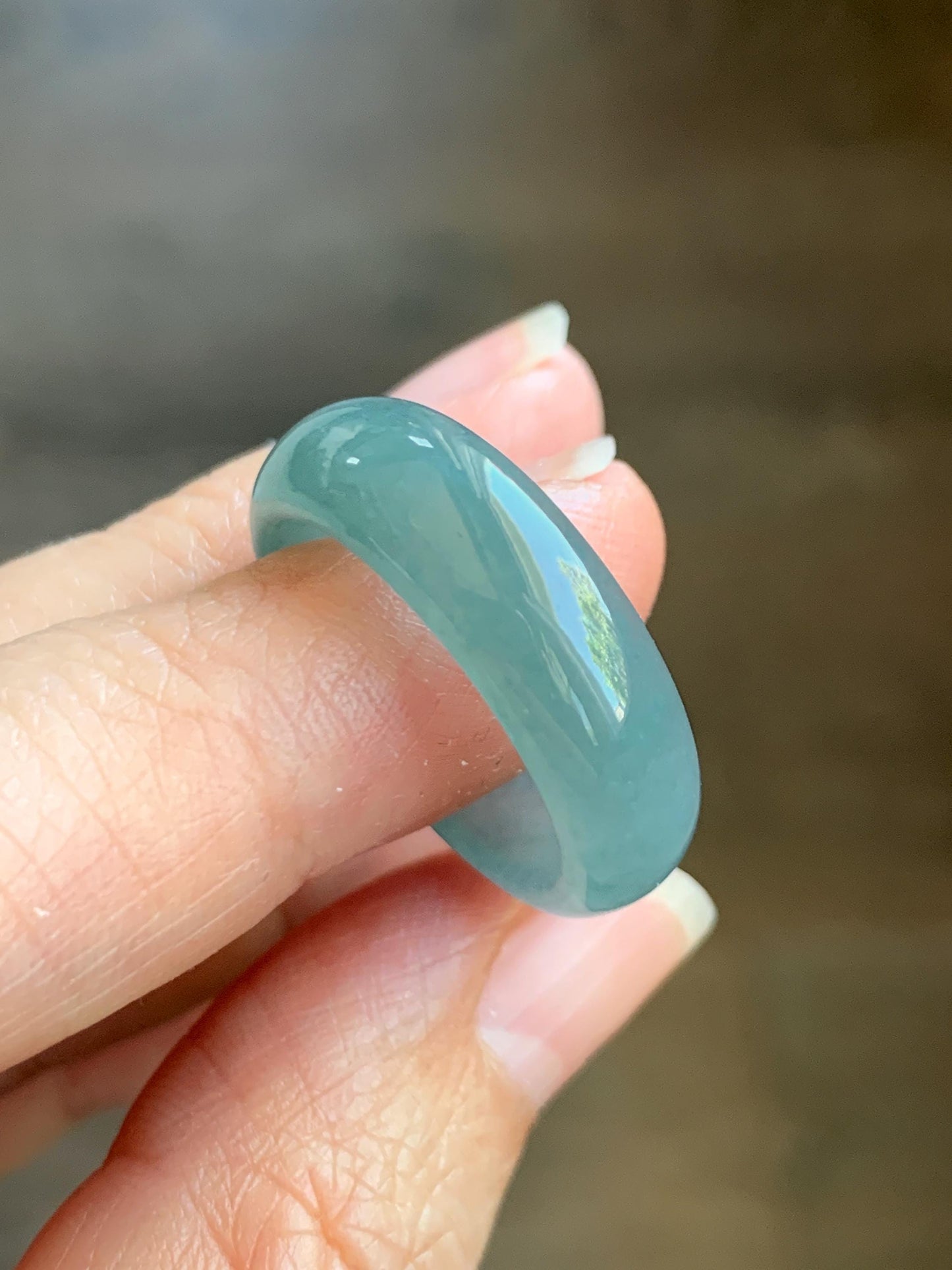 Natural Grade A Guatemalan Icy Translucent Dusty Teal Blue Jade Jadeite Wide Band Ring Size 9 US 天然冰危蓝绿翡翠戒圈 KWJ55A