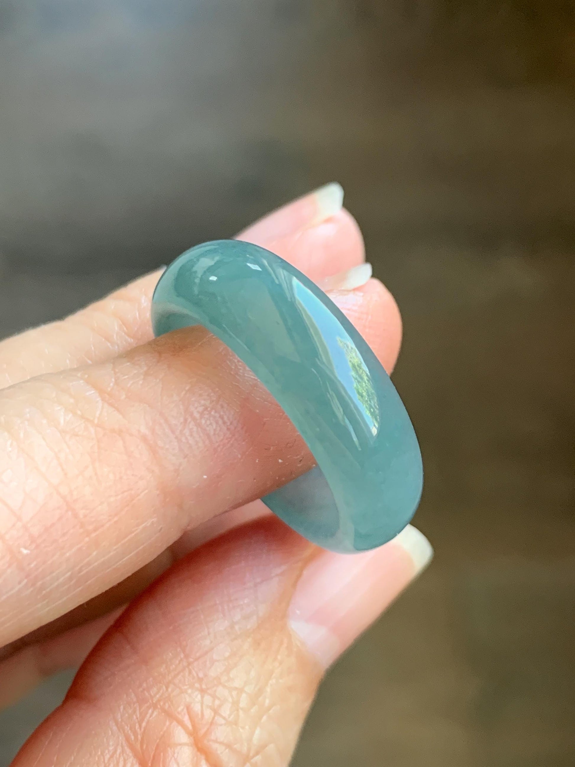 Natural Grade A Guatemalan Icy Translucent Dusty Teal Blue Jade Jadeite Wide Band Ring Size 9 US 天然冰危蓝绿翡翠戒圈 KWJ55A
