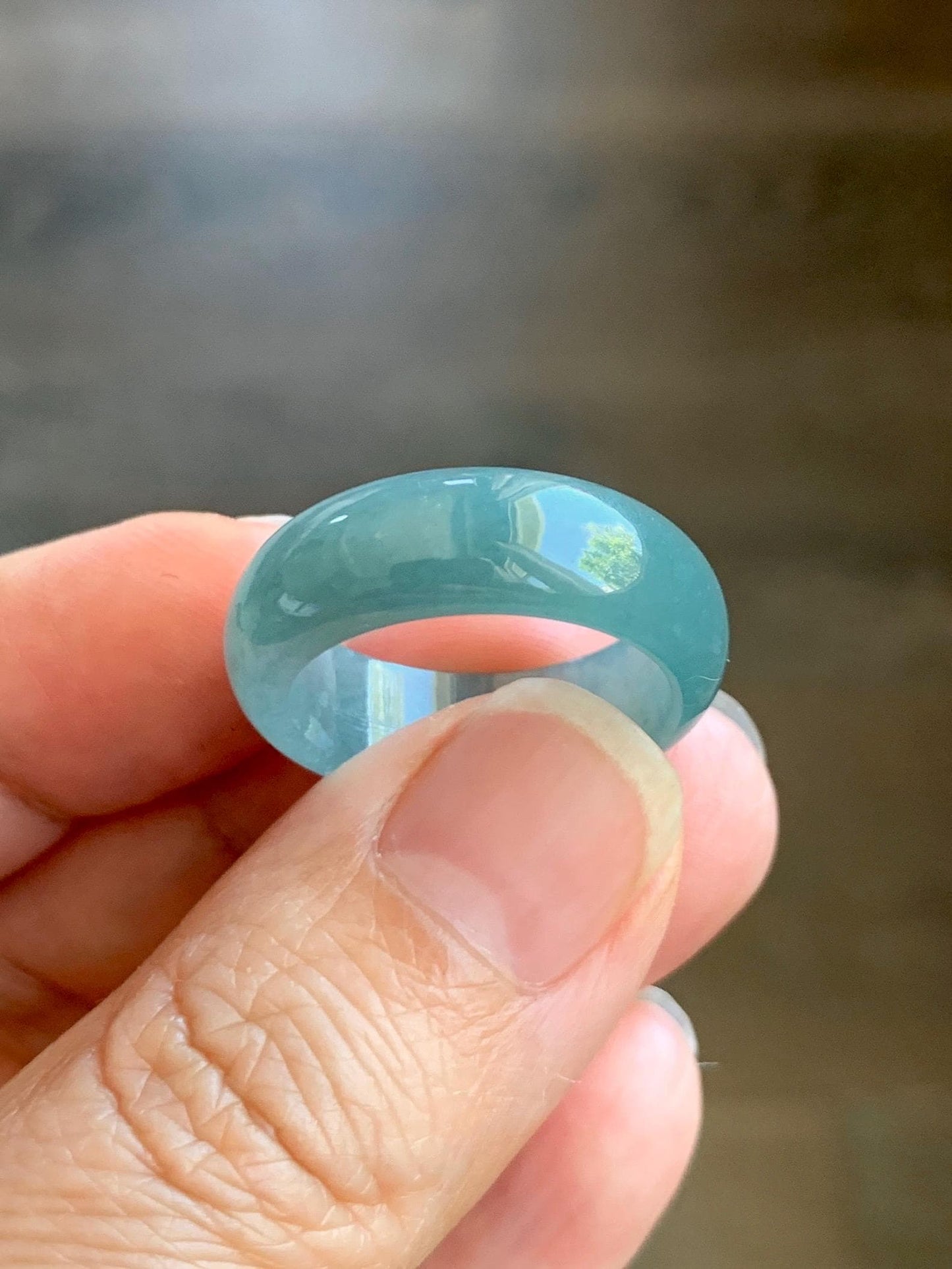 Natural Grade A Guatemalan Icy Translucent Dusty Teal Blue Jade Jadeite Wide Band Ring Size 8.5 US 天然冰危蓝绿翡翠戒圈 KWJ55B