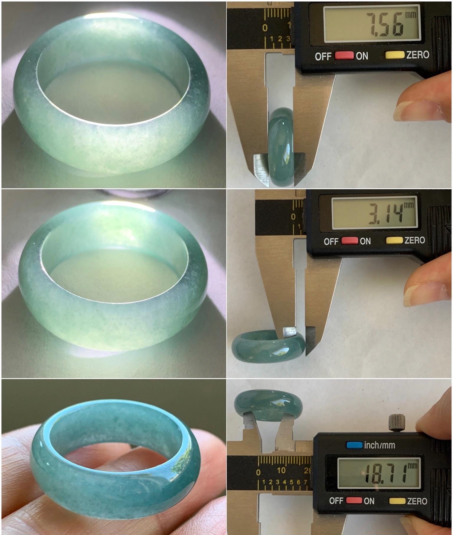 Natural Grade A Guatemalan Icy Translucent Dusty Teal Blue Jade Jadeite Wide Band Ring Size 8.5 US 天然冰危蓝绿翡翠戒圈 KWJ55B