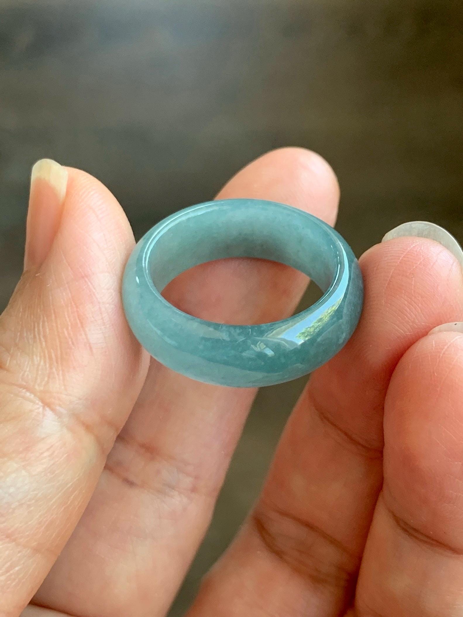 Natural Grade A Guatemalan Icy Translucent Dusty Teal Blue Jade Jadeite Wide Band Ring Size 8.5 US 天然冰危蓝绿翡翠戒圈 KWJ55B
