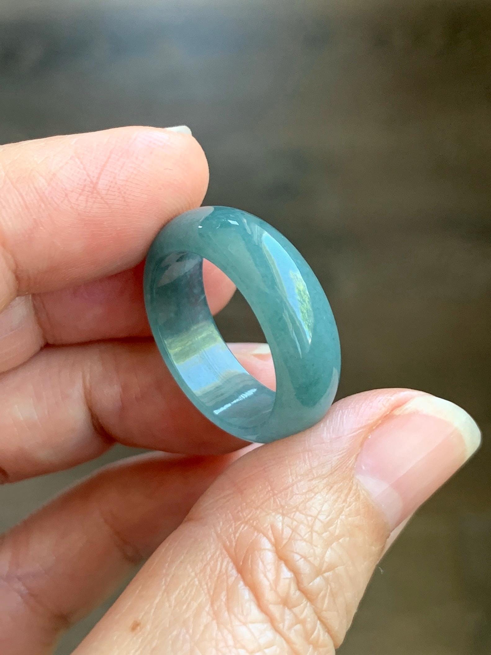 Natural Grade A Guatemalan Icy Translucent Dusty Teal Blue Jade Jadeite Wide Band Ring Size 8.5 US 天然冰危蓝绿翡翠戒圈 KWJ55B