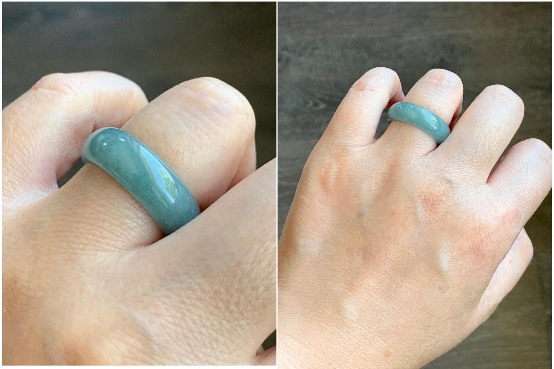Natural Grade A Guatemalan Icy Translucent Dusty Teal Blue Jade Jadeite Wide Band Ring Size 8.5 US 天然冰危蓝绿翡翠戒圈 KWJ55B