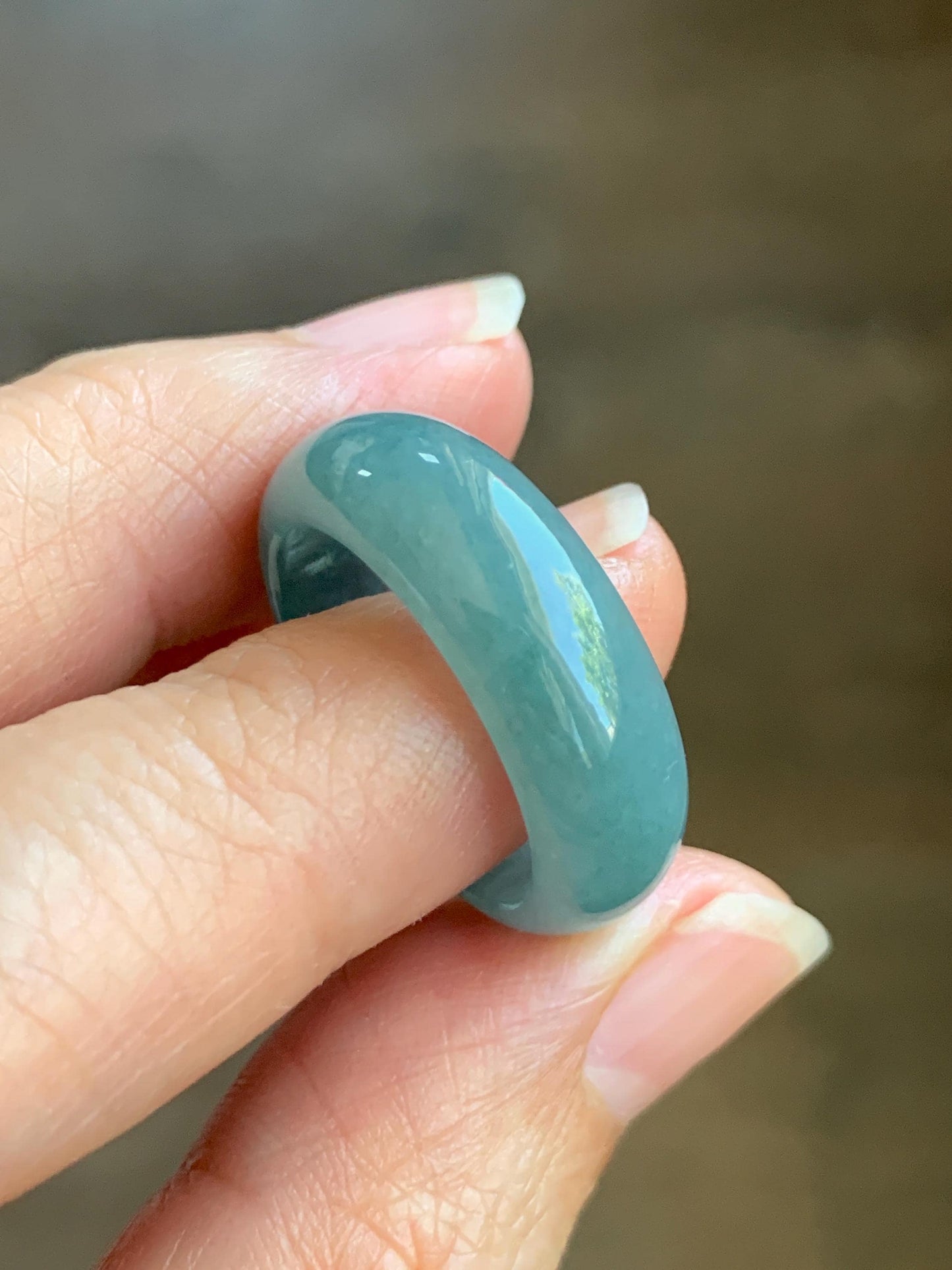Natural Grade A Guatemalan Icy Translucent Dusty Teal Blue Jade Jadeite Wide Band Ring Size 8.5 US 天然冰危蓝绿翡翠戒圈 KWJ55B