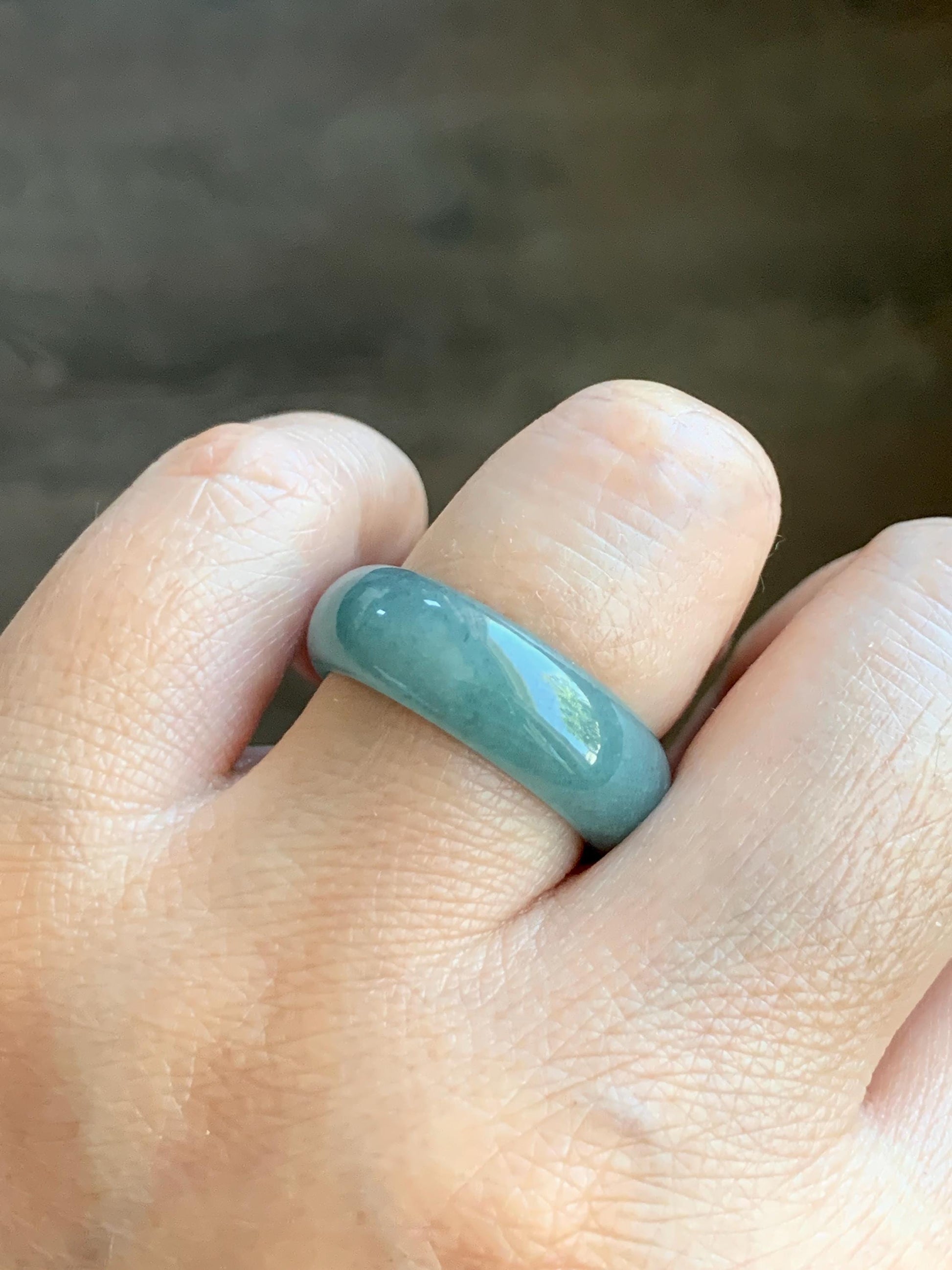 Natural Grade A Guatemalan Icy Translucent Dusty Teal Blue Jade Jadeite Wide Band Ring Size 8.5 US 天然冰危蓝绿翡翠戒圈 KWJ55B