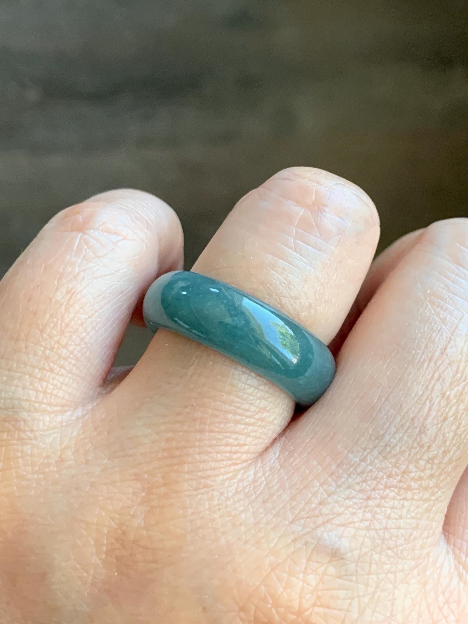 Natural Grade A Guatemalan Icy Translucent Dusty Teal Blue Jade Jadeite Wide Band Ring Size 8.5 US 天然冰危蓝绿翡翠戒圈 KWJ55B