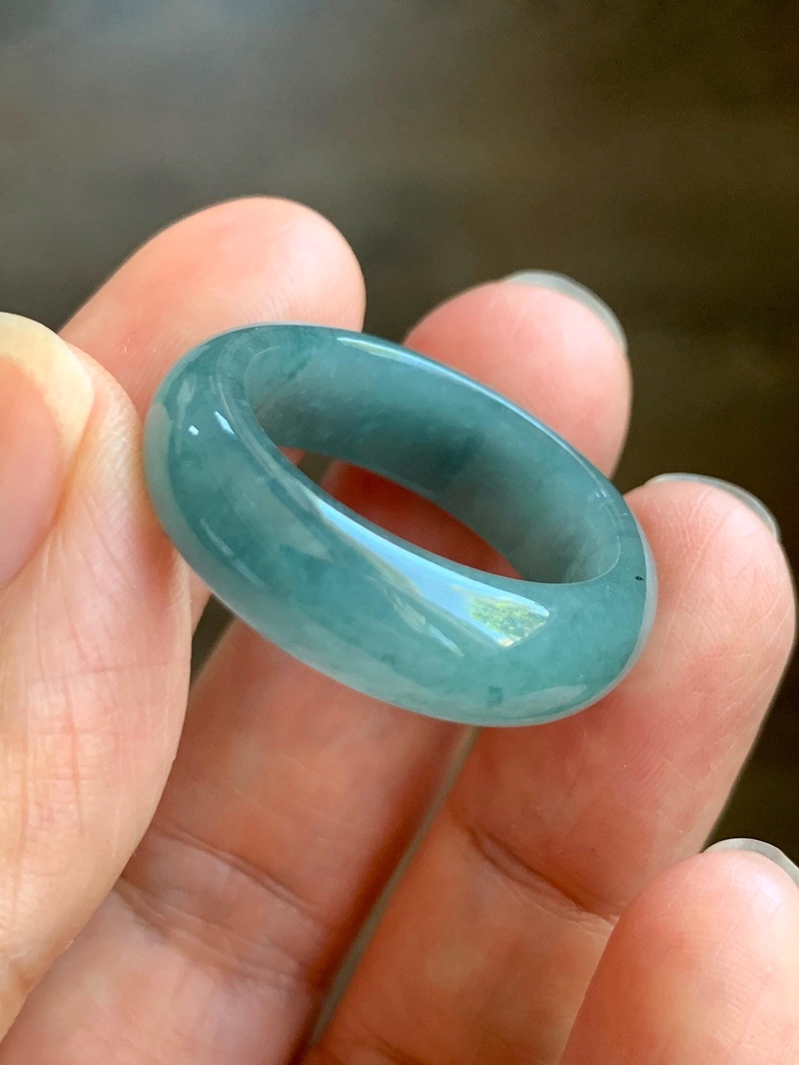 Natural Grade A Guatemalan Icy Translucent Dusty Teal Blue Jade Jadeite Wide Band Ring Size 10.25 US 天然冰危蓝绿翡翠戒圈 KWJ55C