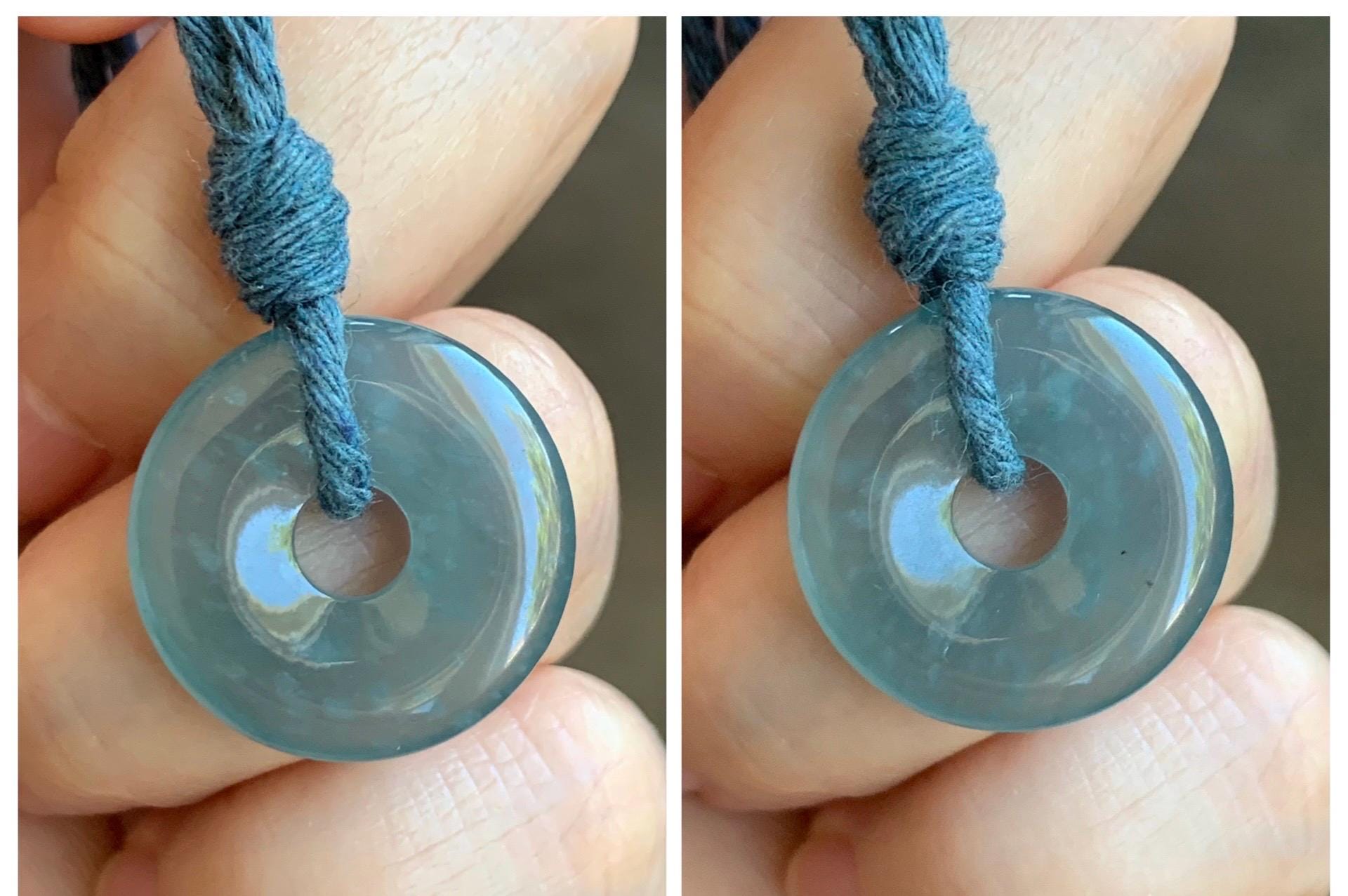 Natural Grade A Guatemalan Icy Translucent Teal Blue Jade Jadeite Ping An Kou Donut Petite Pendant Rope Necklace 25” 天然冰危浅蓝翡翠平安扣吊坠 WXK55N