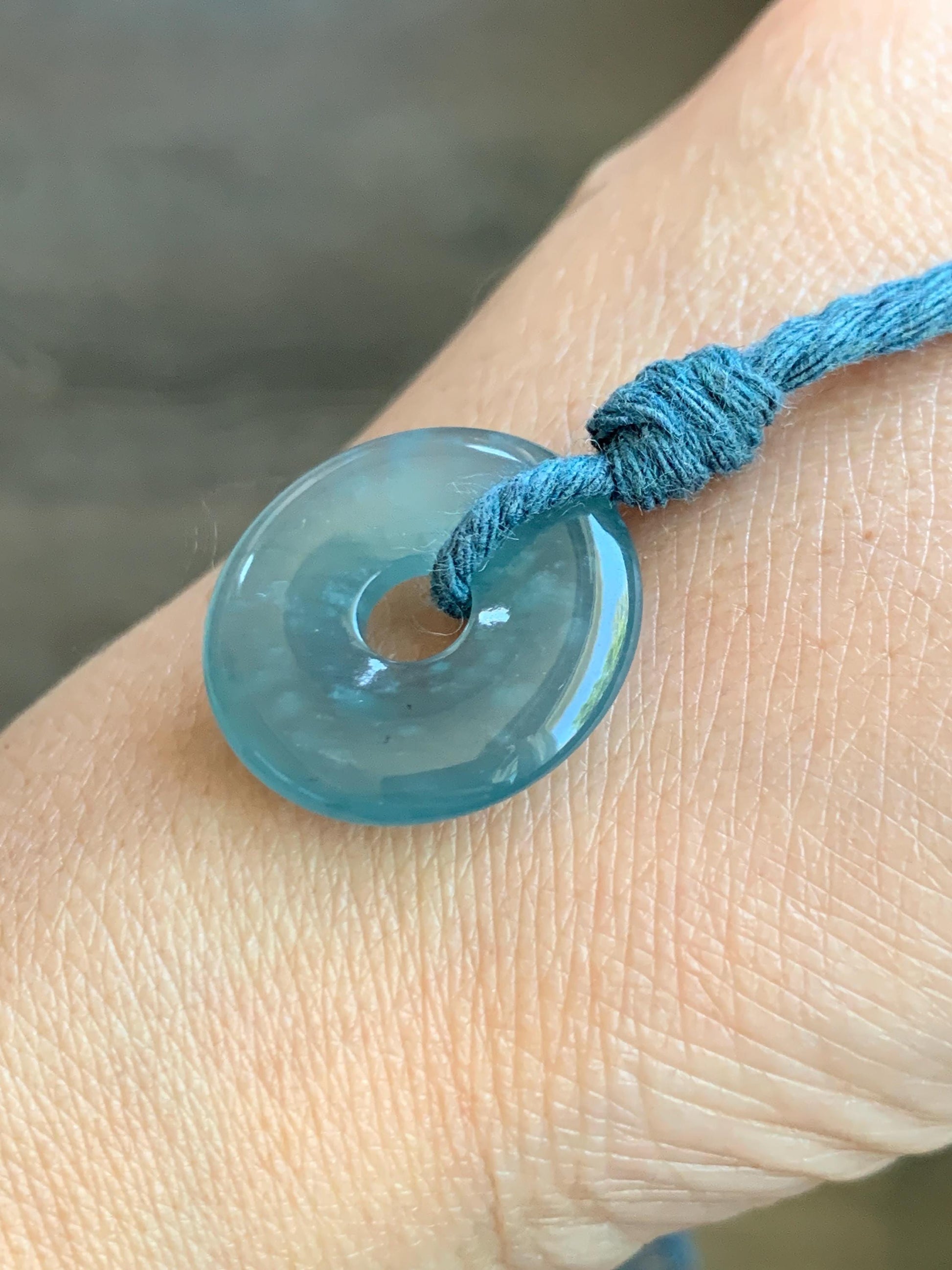 Natural Grade A Guatemalan Icy Translucent Teal Blue Jade Jadeite Ping An Kou Donut Petite Pendant Rope Necklace 25” 天然冰危浅蓝翡翠平安扣吊坠 WXK55N