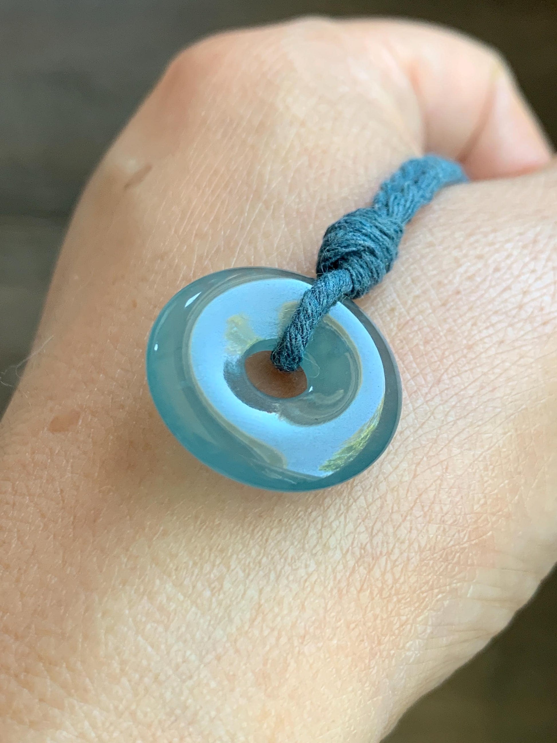 Natural Grade A Guatemalan Icy Translucent Teal Blue Jade Jadeite Ping An Kou Donut Petite Pendant Rope Necklace 25” 天然冰危浅蓝翡翠平安扣吊坠 WXK55N