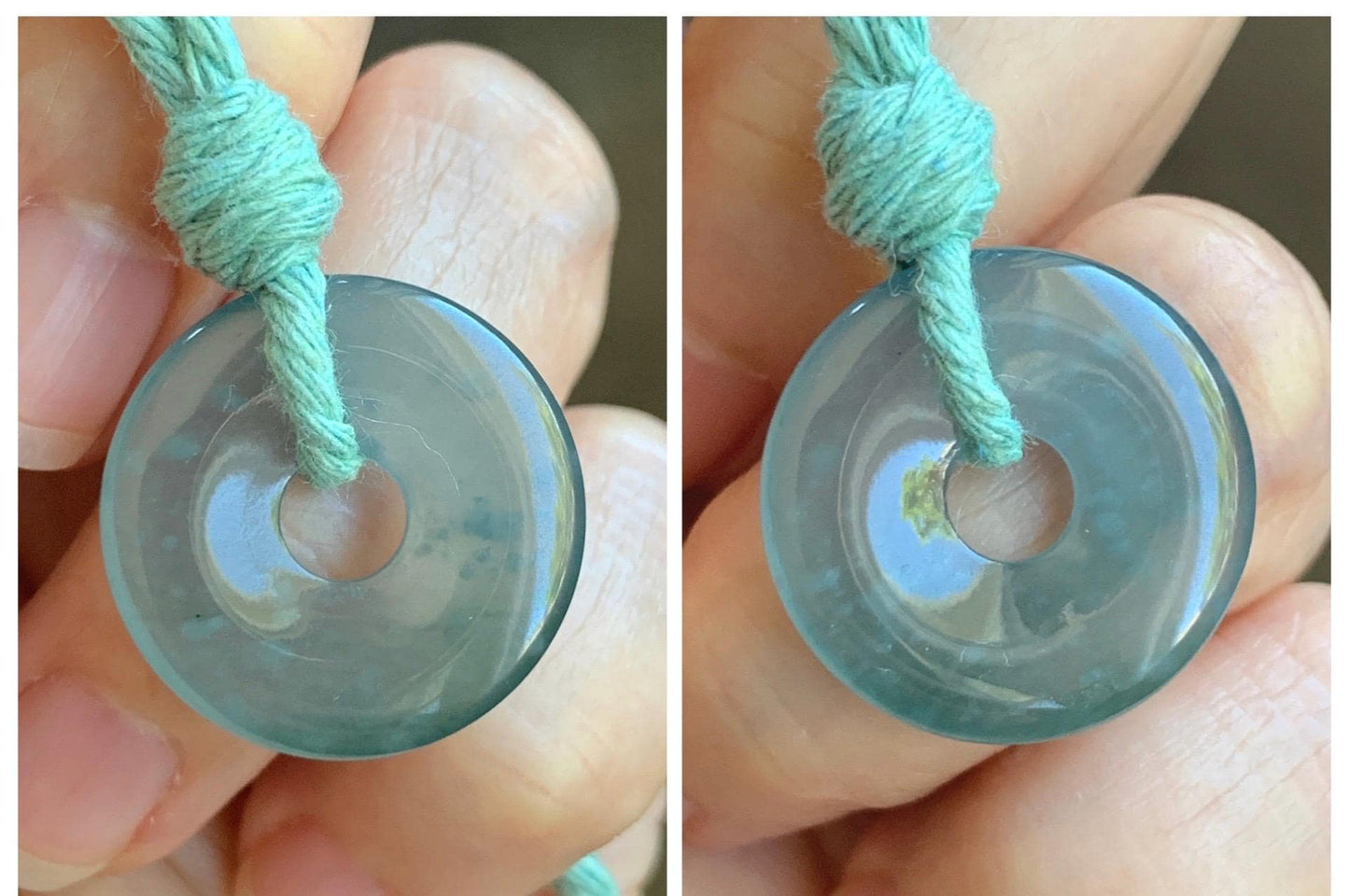 Natural Grade A Guatemalan Icy Translucent Teal Blue Jade Jadeite Ping An Kou Donut Petite Pendant Rope Necklace 25” 天然冰危蓝翡翠平安扣吊坠 WXK55L