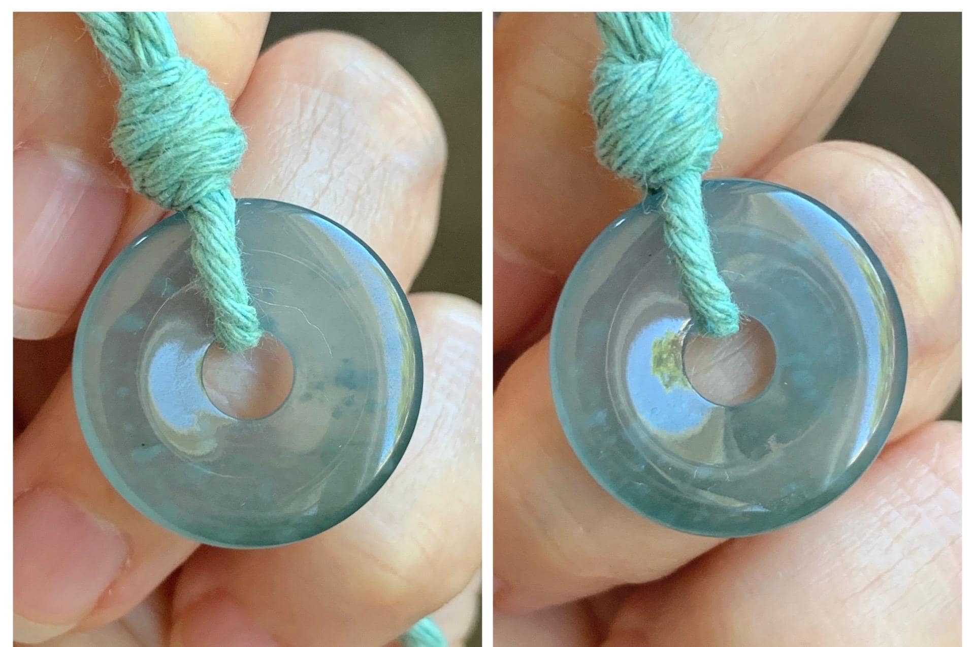 Natural Grade A Guatemalan Icy Translucent Teal Blue Jade Jadeite Ping An Kou Donut Petite Pendant Rope Necklace 25” 天然冰危蓝翡翠平安扣吊坠 WXK55L