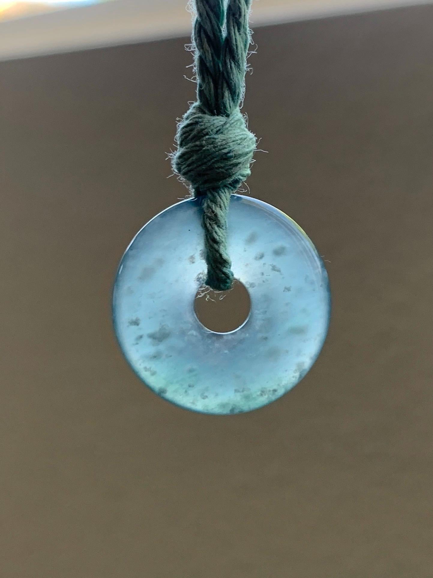 Natural Grade A Guatemalan Icy Translucent Teal Blue Jade Jadeite Ping An Kou Donut Petite Pendant Rope Necklace 25” 天然冰危蓝翡翠平安扣吊坠 WXK55L