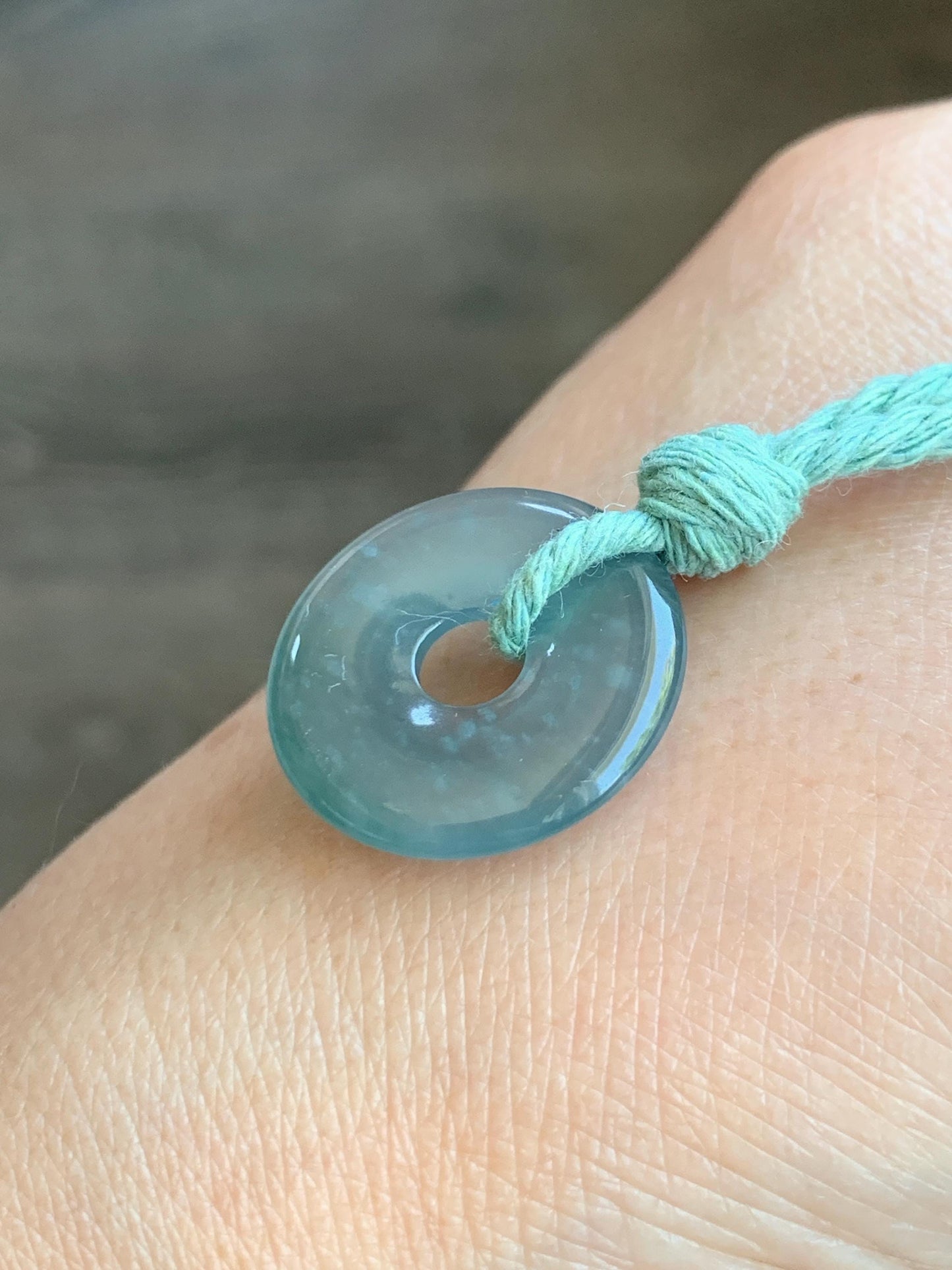 Natural Grade A Guatemalan Icy Translucent Teal Blue Jade Jadeite Ping An Kou Donut Petite Pendant Rope Necklace 25” 天然冰危蓝翡翠平安扣吊坠 WXK55L