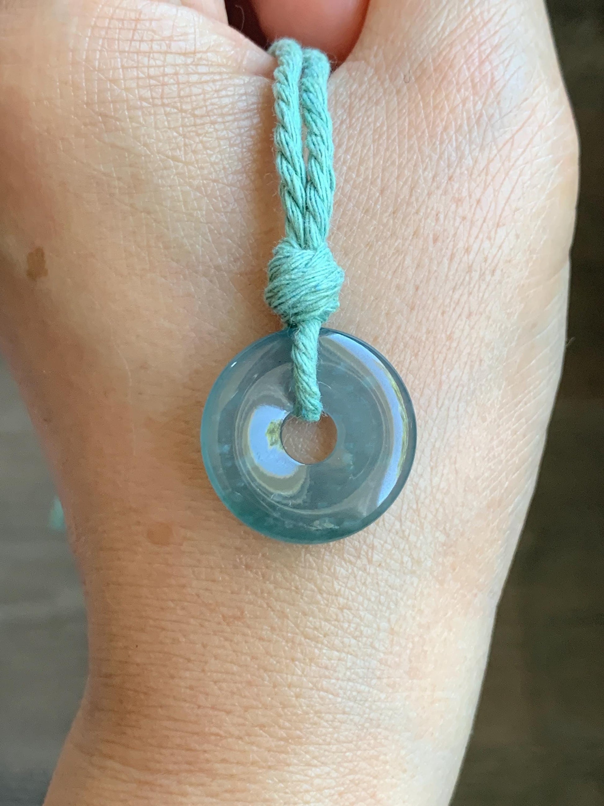 Natural Grade A Guatemalan Icy Translucent Teal Blue Jade Jadeite Ping An Kou Donut Petite Pendant Rope Necklace 25” 天然冰危蓝翡翠平安扣吊坠 WXK55L