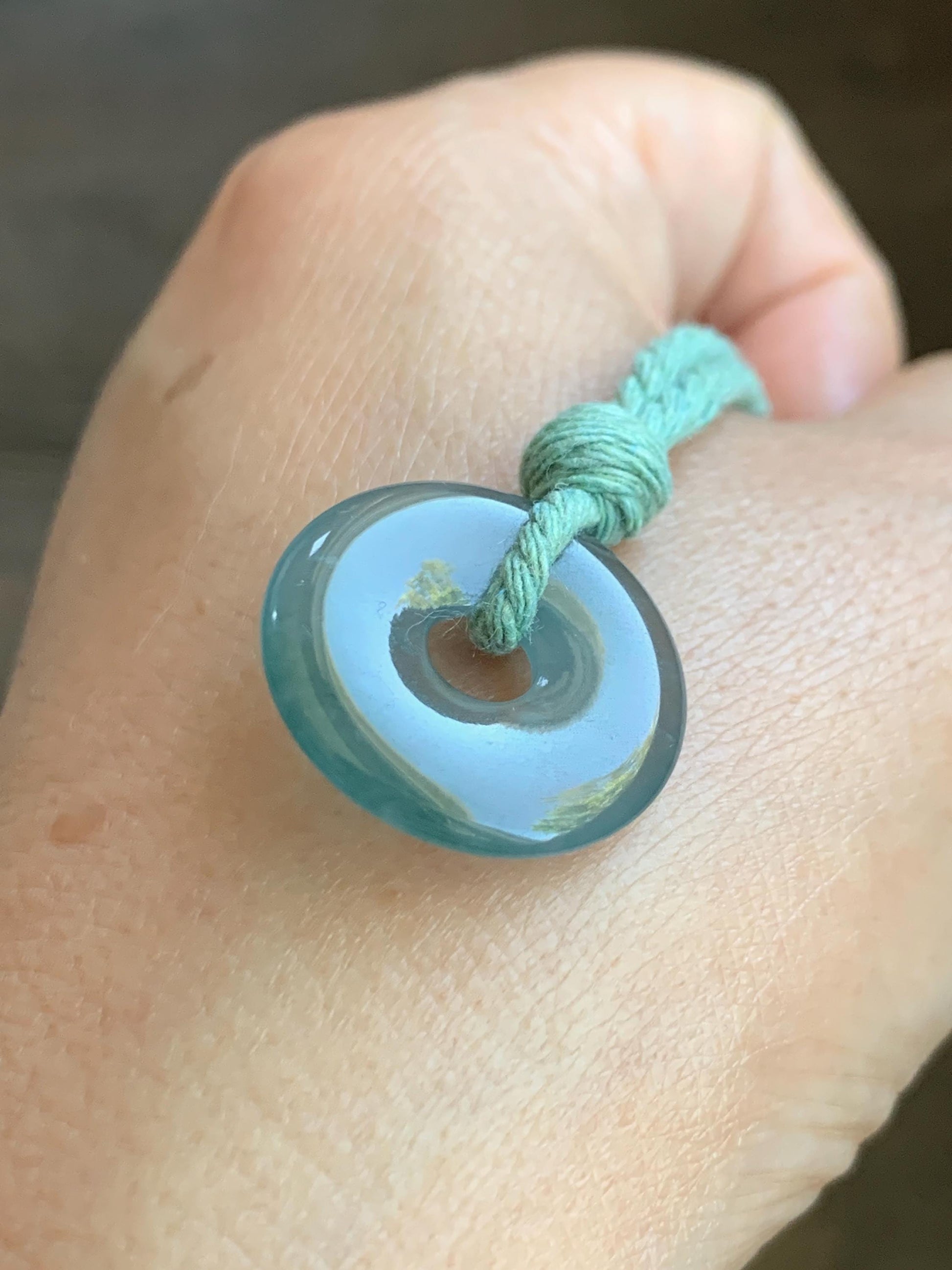Natural Grade A Guatemalan Icy Translucent Teal Blue Jade Jadeite Ping An Kou Donut Petite Pendant Rope Necklace 25” 天然冰危蓝翡翠平安扣吊坠 WXK55L
