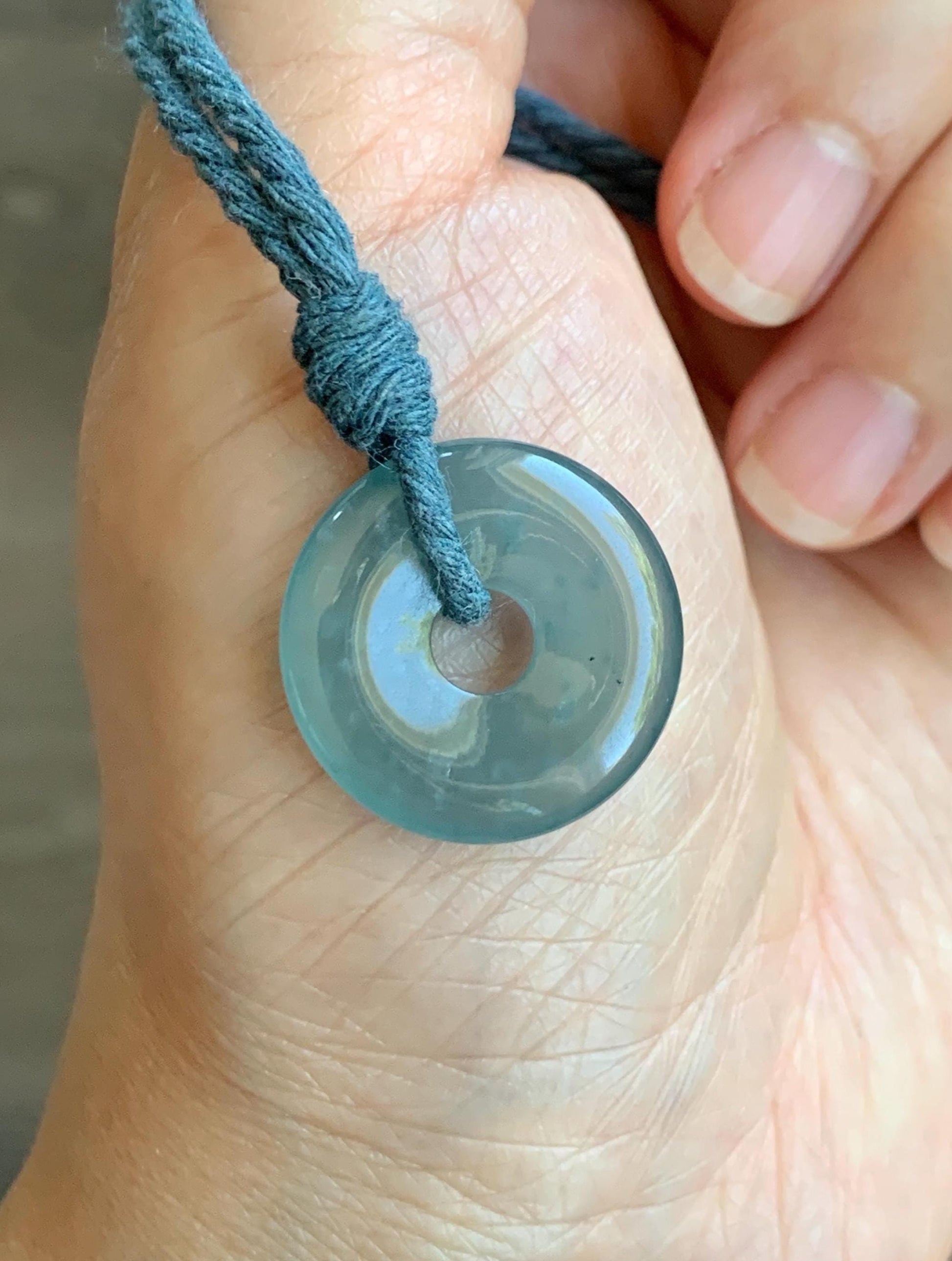 Natural Grade A Guatemalan Icy Translucent Teal Blue Jade Jadeite Ping An Kou Donut Petite Pendant Rope Necklace 25” 天然冰危浅蓝翡翠平安扣吊坠 WXK55N