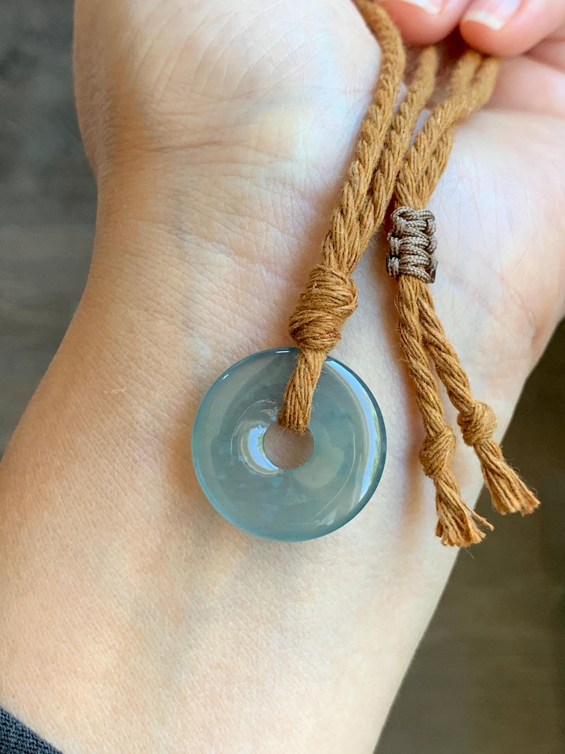 Natural Grade A Guatemalan Icy Translucent Teal Blue Jade Jadeite Ping An Kou Donut Petite Pendant Rope Necklace 25” 天然冰危蓝翡翠平安扣吊坠 WXK55A