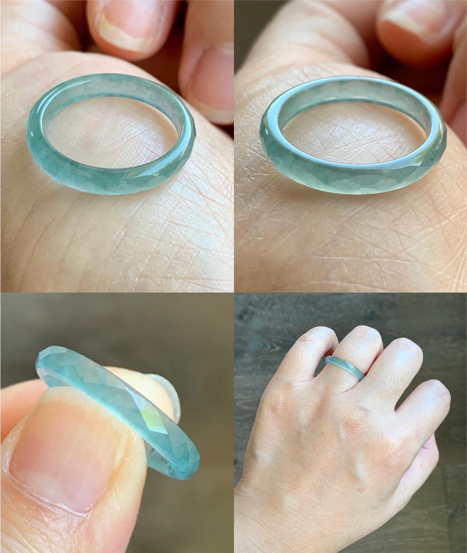 Natural Grade A Guatemalan Icy Highly Translucent Light Teal Jade Jadeite Diamond Faceted Band Ring Size 7.25 US 天然冰危浅蓝绿起光翡翠切割面戒圈 QGM80-I