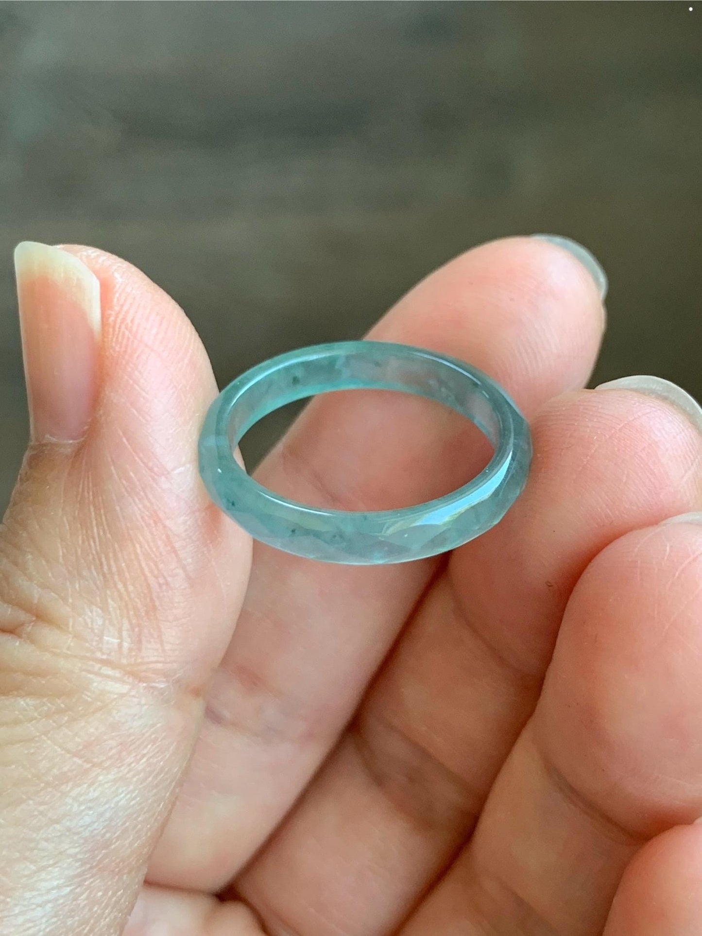 Natural Grade A Guatemalan Icy Highly Translucent Light Teal Jade Jadeite Diamond Faceted Band Ring Size 7.25 US 天然冰危浅蓝绿起光翡翠切割面戒圈 QGM80-I