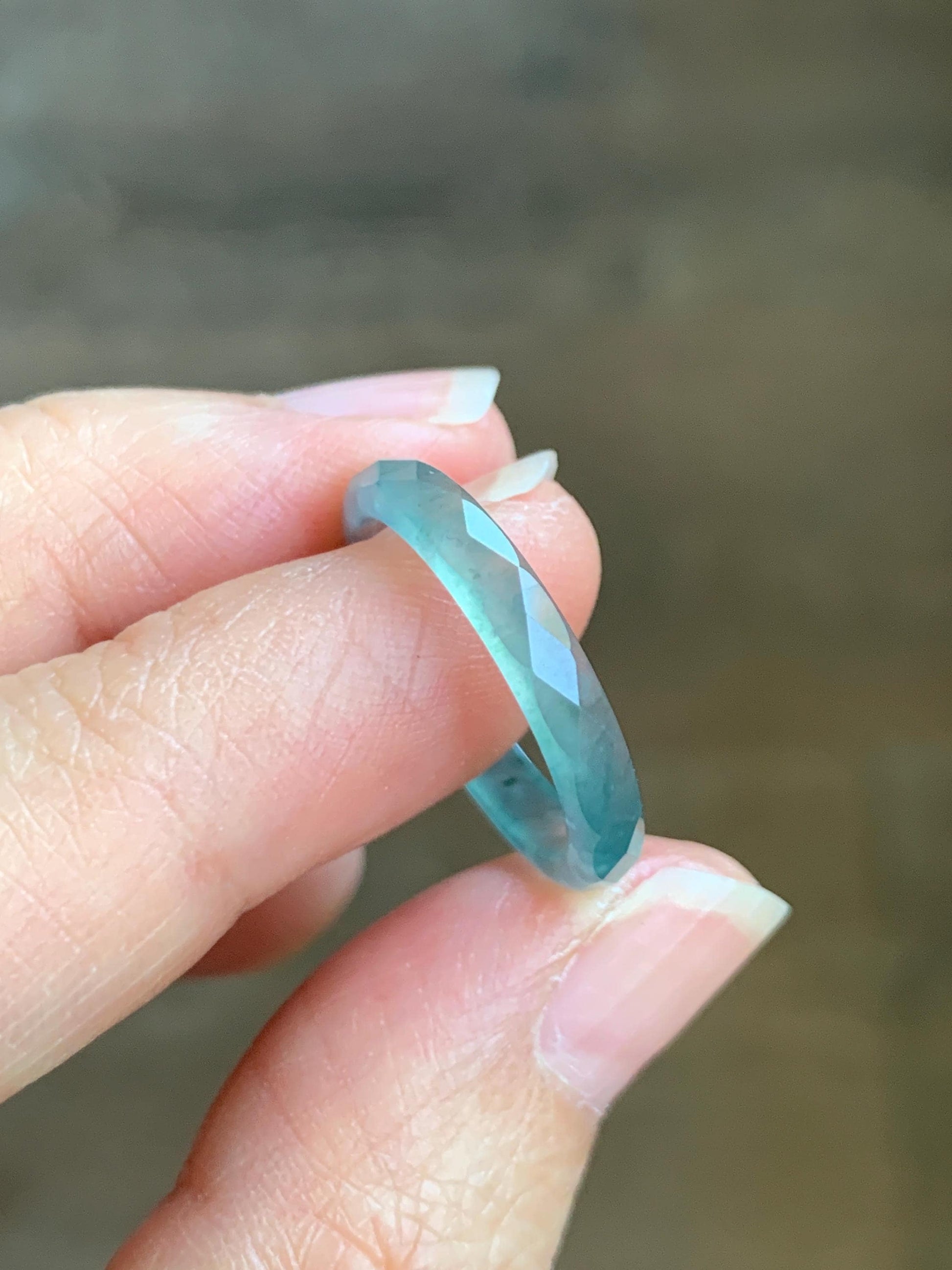 Natural Grade A Guatemalan Icy Highly Translucent Light Teal Jade Jadeite Diamond Faceted Band Ring Size 7.25 US 天然冰危浅蓝绿起光翡翠切割面戒圈 QGM80-I