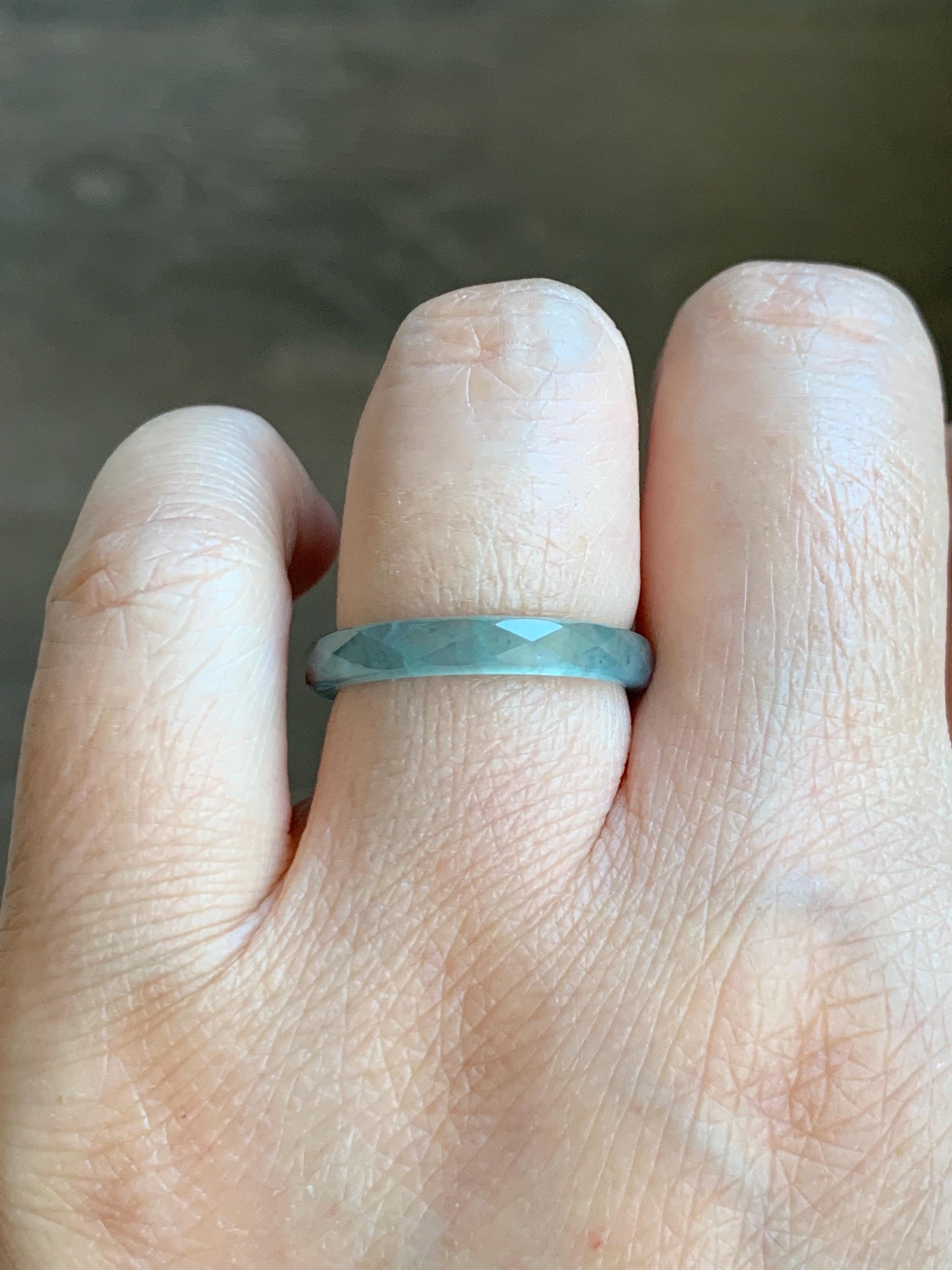 Natural Grade A Guatemalan Icy Highly Translucent Light Teal Jade Jadeite Diamond Faceted Band Ring Size 7.25 US 天然冰危浅蓝绿起光翡翠切割面戒圈 QGM80-I