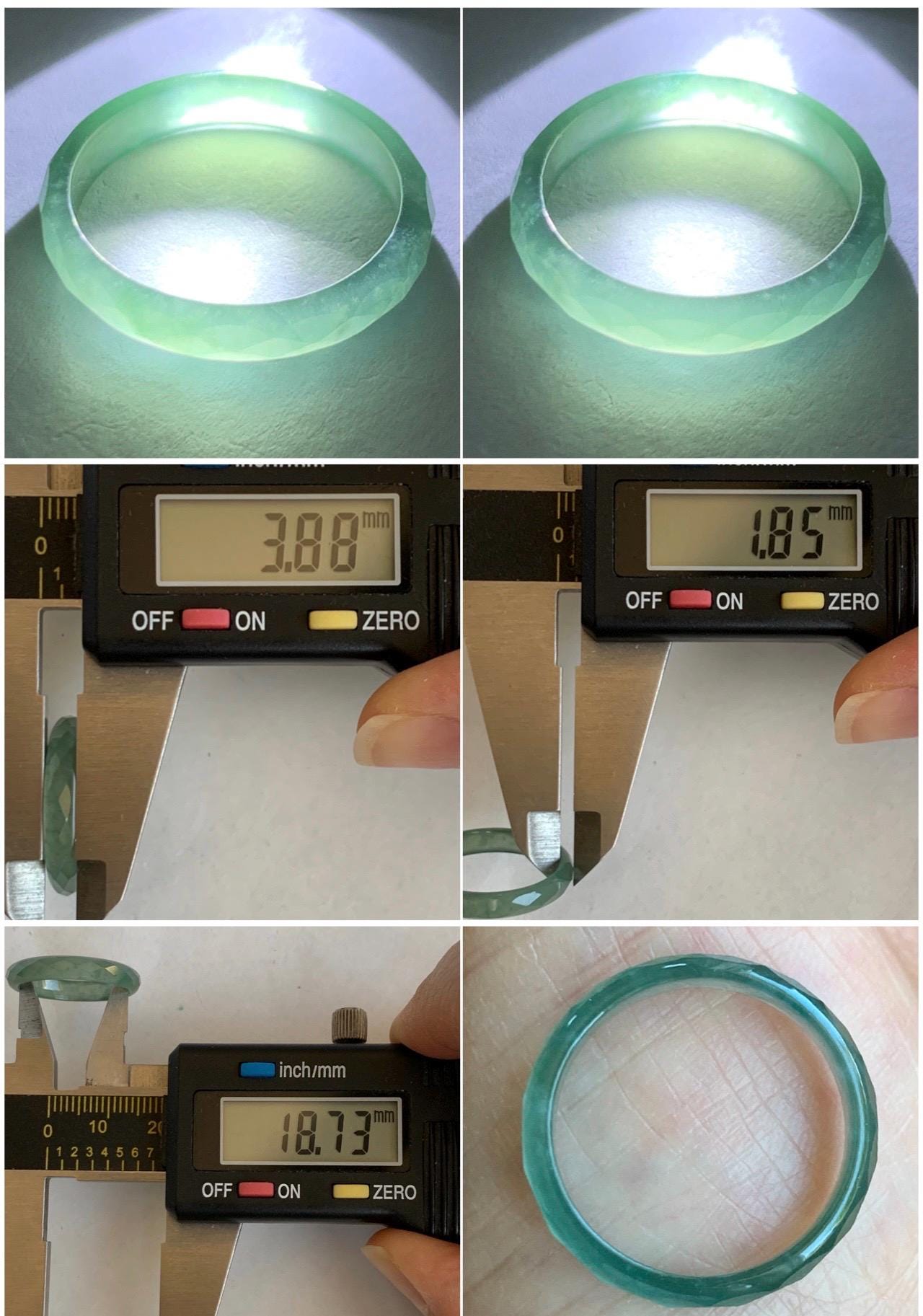Natural Grade A Guatemalan Icy Highly Translucent Light Green Jade Jadeite Diamond Faceted Band Ring Size 8.5 天然冰危浅绿起光翡翠切割面戒圈 QGM80-H