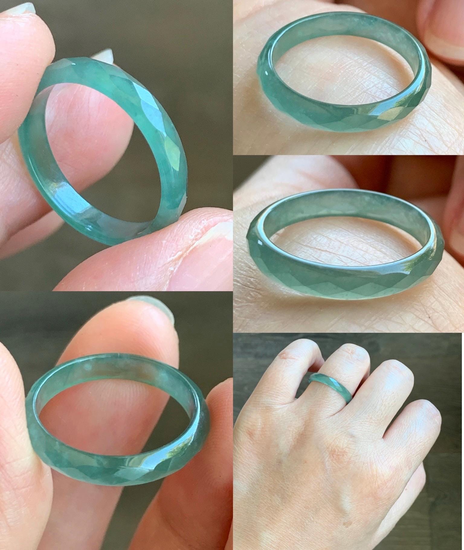 Natural Grade A Guatemalan Icy Highly Translucent Light Green Jade Jadeite Diamond Faceted Band Ring Size 8.5 天然冰危浅绿起光翡翠切割面戒圈 QGM80-H