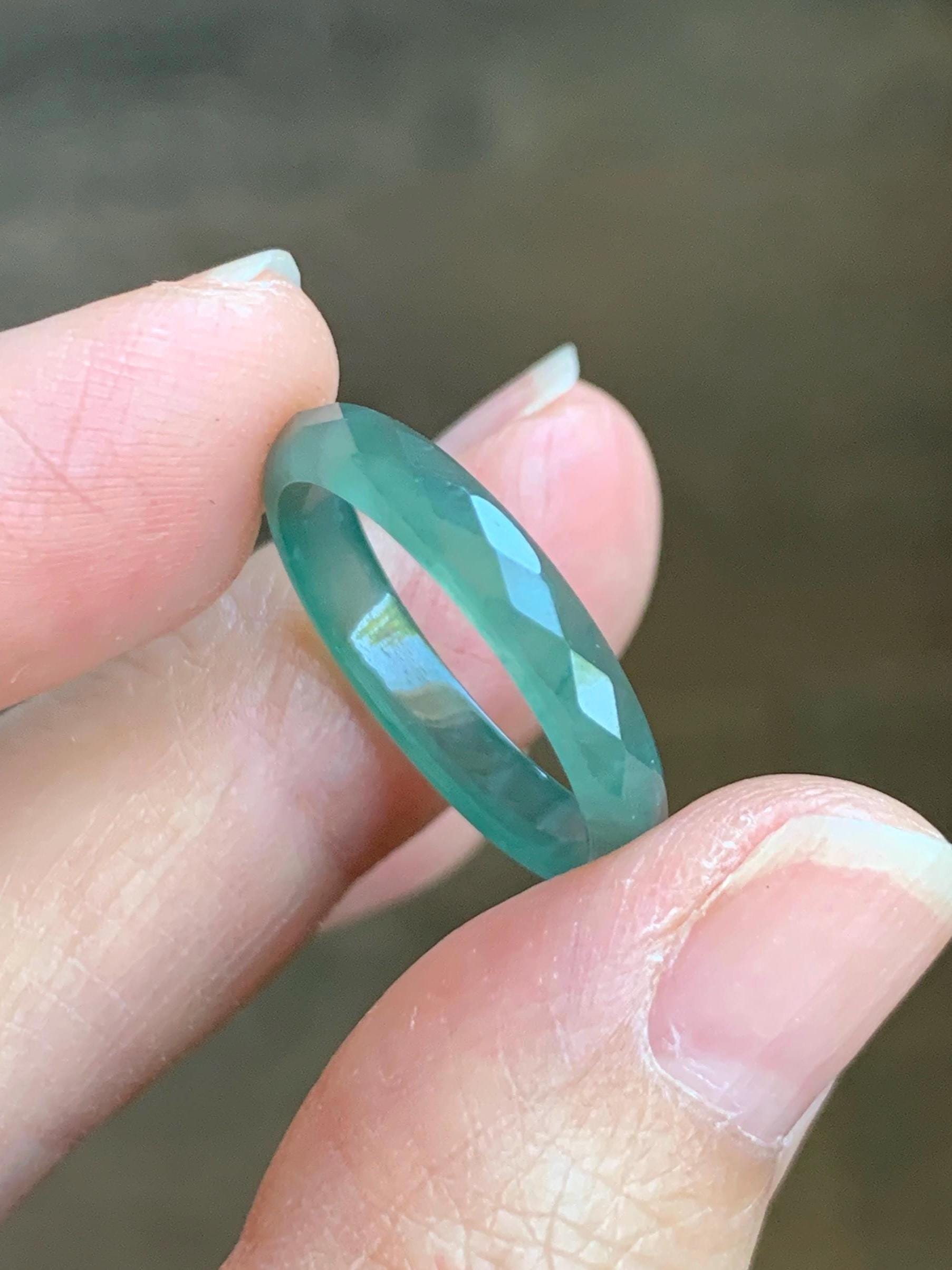 Natural Grade A Guatemalan Icy Highly Translucent Light Green Jade Jadeite Diamond Faceted Band Ring Size 8.5 天然冰危浅绿起光翡翠切割面戒圈 QGM80-H