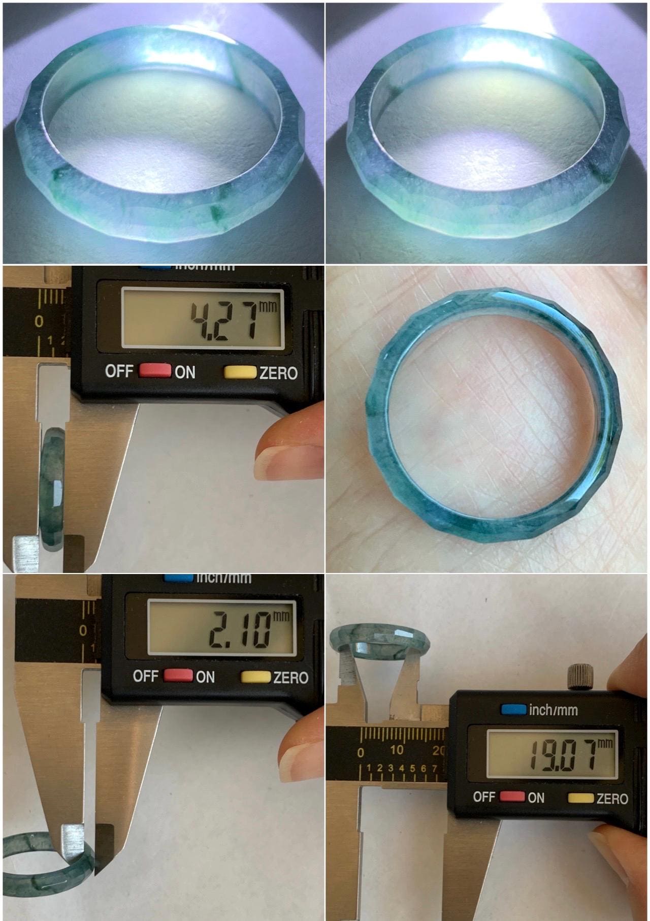 Natural Grade A Guatemalan Icy Highly Translucent Aegean Blue Jade Jadeite Faceted Band Ring Size 9 US 天然冰危牛仔蓝起光翡翠切割面戒圈 QGM80-G