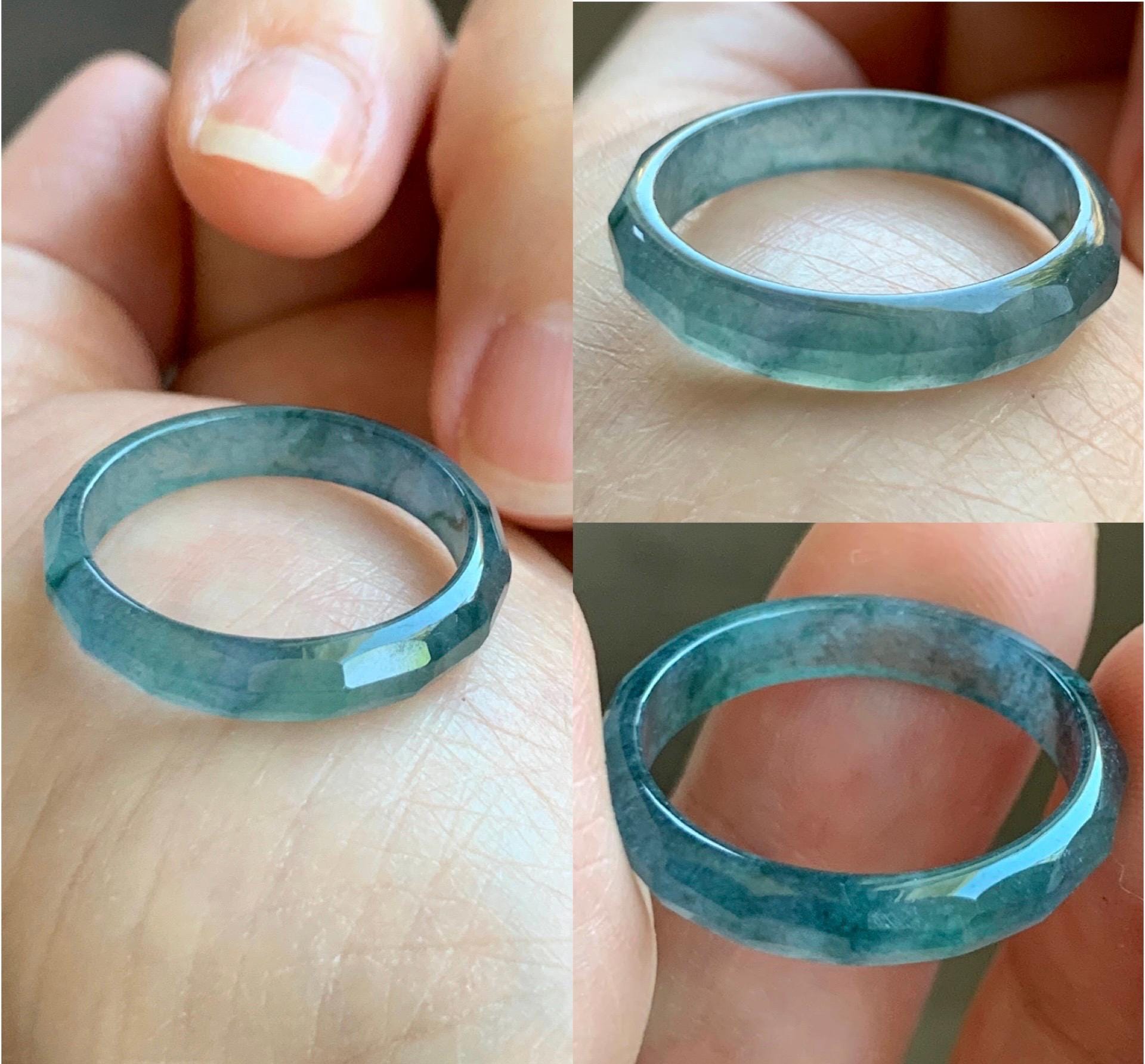 Natural Grade A Guatemalan Icy Highly Translucent Aegean Blue Jade Jadeite Faceted Band Ring Size 9 US 天然冰危牛仔蓝起光翡翠切割面戒圈 QGM80-G