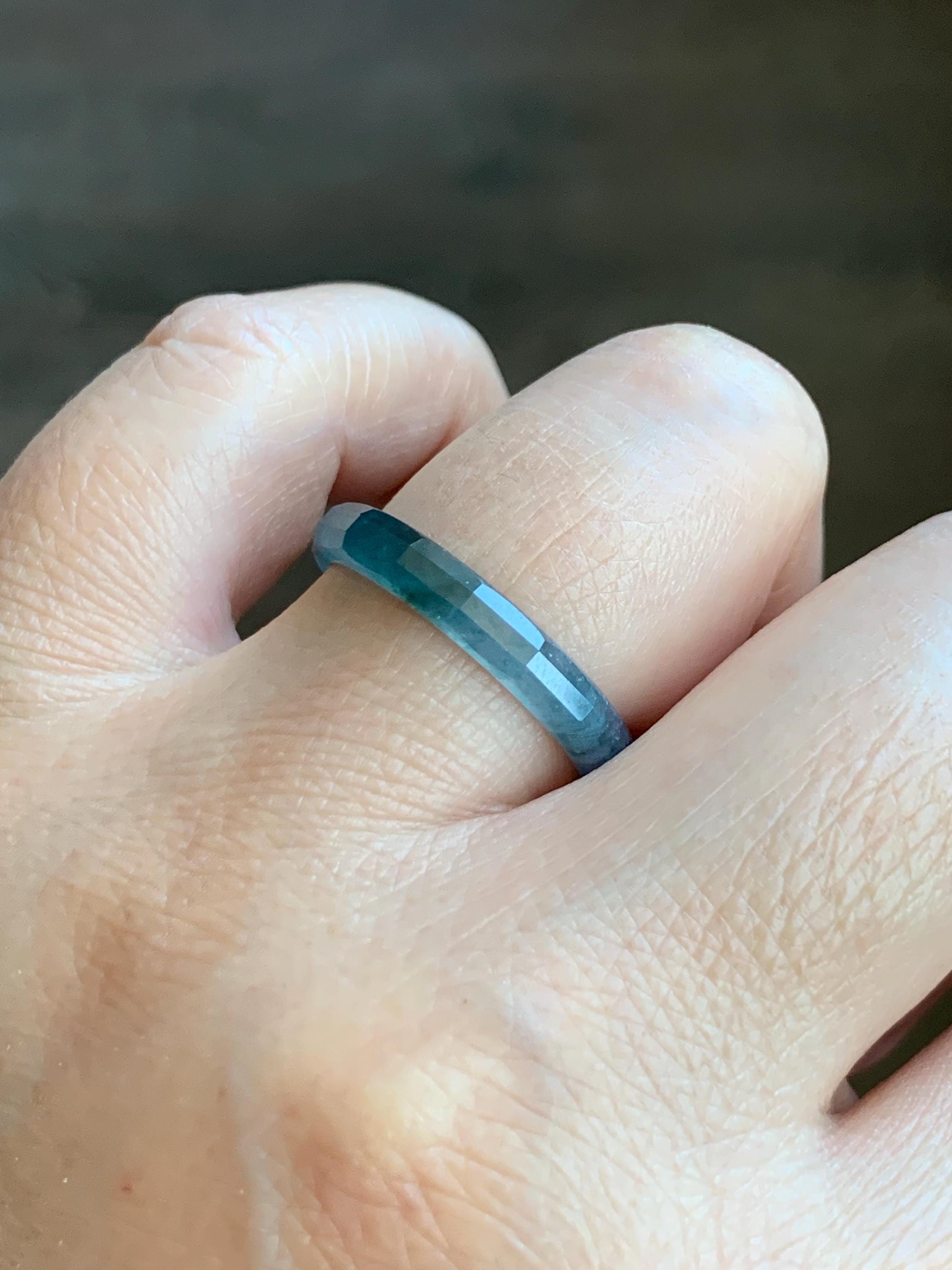 Natural Grade A Guatemalan Icy Highly Translucent Light Aegean Blue Jade Jadeite Faceted Band Ring Size 9 US 天然冰危牛仔蓝起光翡翠切割面戒圈 QGM80-F
