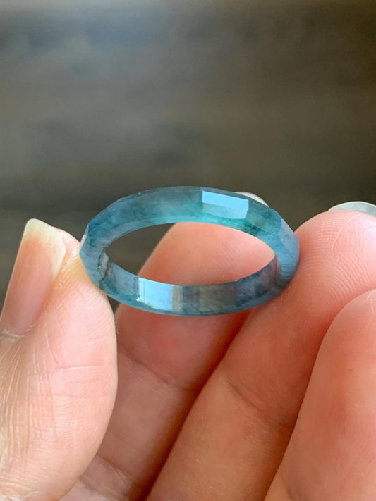 Natural Grade A Guatemalan Icy Highly Translucent Light Aegean Blue Jade Jadeite Faceted Band Ring Size 9 US 天然冰危牛仔蓝起光翡翠切割面戒圈 QGM80-F
