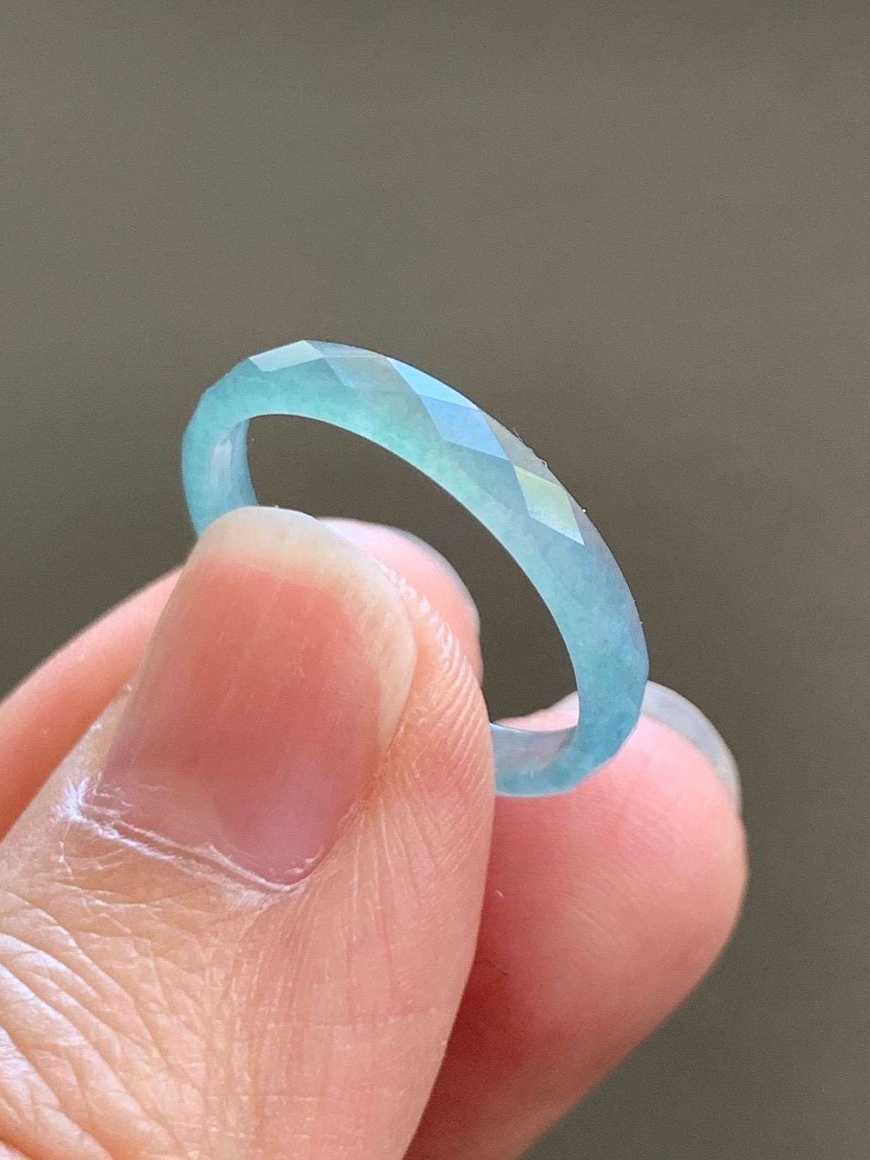 Natural Grade A Guatemalan Icy Highly Translucent Light Teal Jade Jadeite Diamond Faceted Band Ring Size 7.25 US 天然冰危浅蓝绿起光翡翠切割面戒圈 QGM80-E