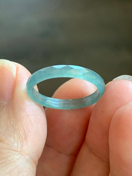 Natural Grade A Guatemalan Icy Highly Translucent Light Teal Jade Jadeite Diamond Faceted Band Ring Size 7.25 US 天然冰危浅蓝绿起光翡翠切割面戒圈 QGM80-E