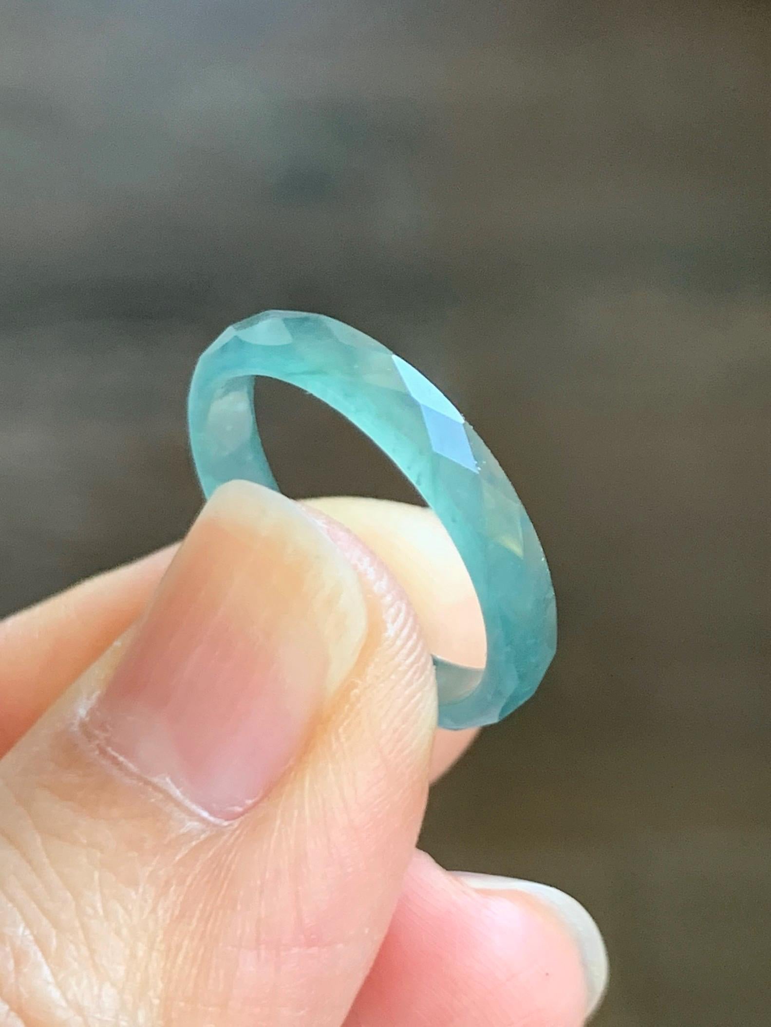 Natural Grade A Guatemalan Icy Highly Translucent Light Green Jade Jadeite Diamond Faceted Band Ring Size 6.5 天然冰危浅绿起光翡翠切割面戒圈 QGM80-D