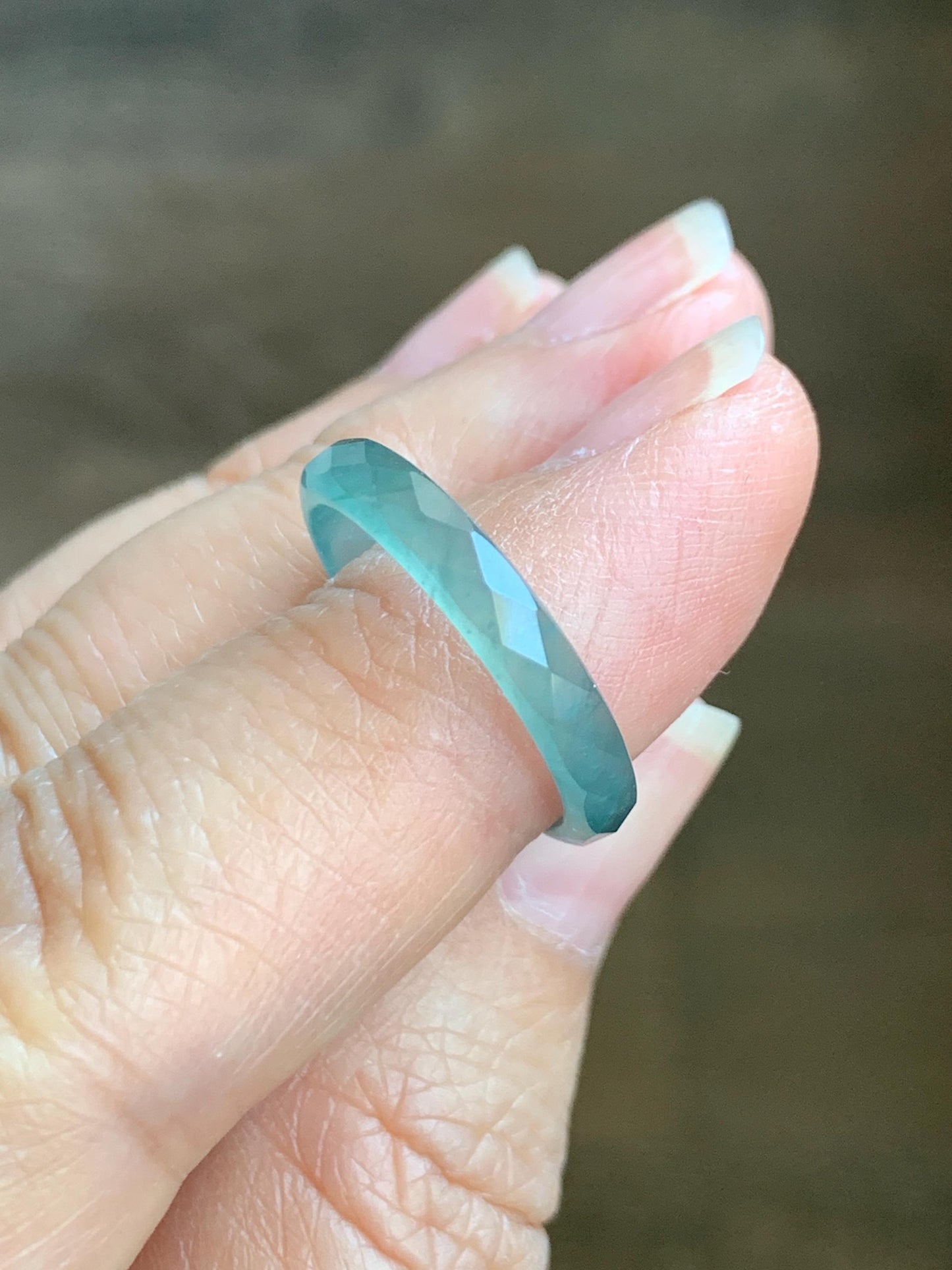 Natural Grade A Guatemalan Icy Highly Translucent Light Green Jade Jadeite Diamond Faceted Band Ring Size 6.5 天然冰危浅绿起光翡翠切割面戒圈 QGM80-D