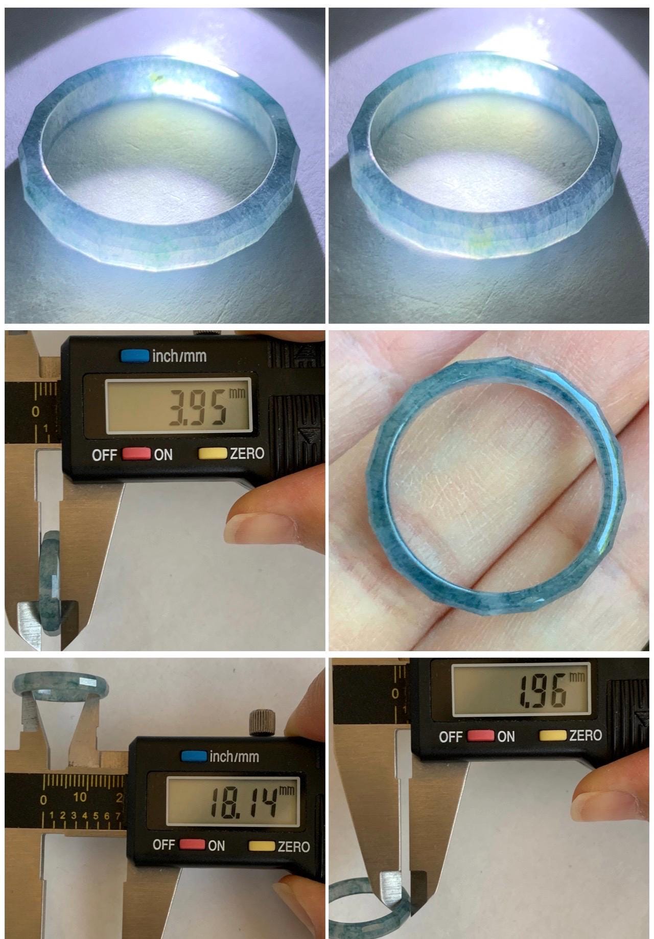 Natural Grade A Guatemalan Icy Highly Translucent Aegean Blue Jade Jadeite Faceted Band Ring Size 7.75 US 天然冰危牛仔蓝起光翡翠切割面戒圈 QGM80-C