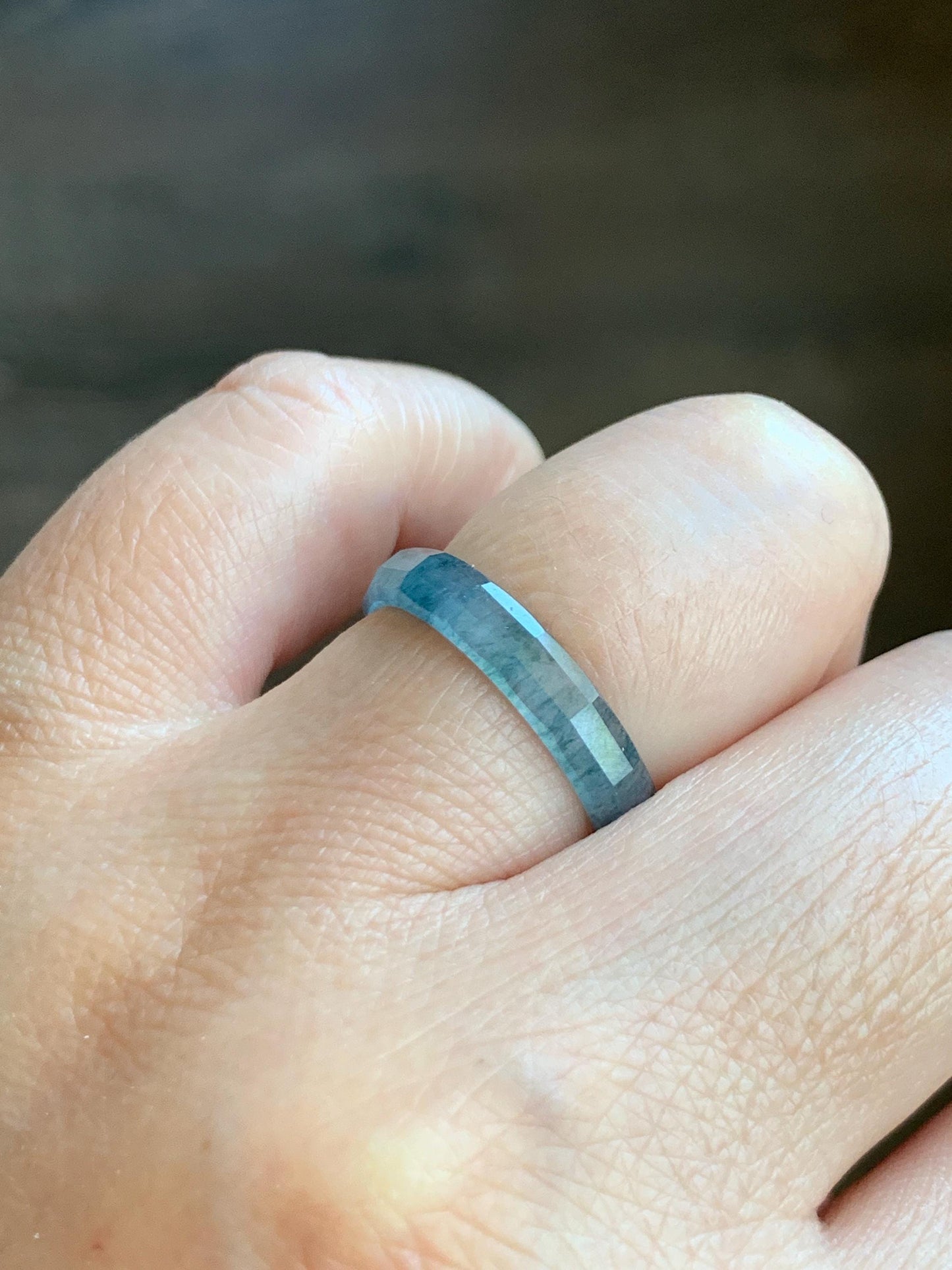 Natural Grade A Guatemalan Icy Highly Translucent Aegean Blue Jade Jadeite Faceted Band Ring Size 7.75 US 天然冰危牛仔蓝起光翡翠切割面戒圈 QGM80-C