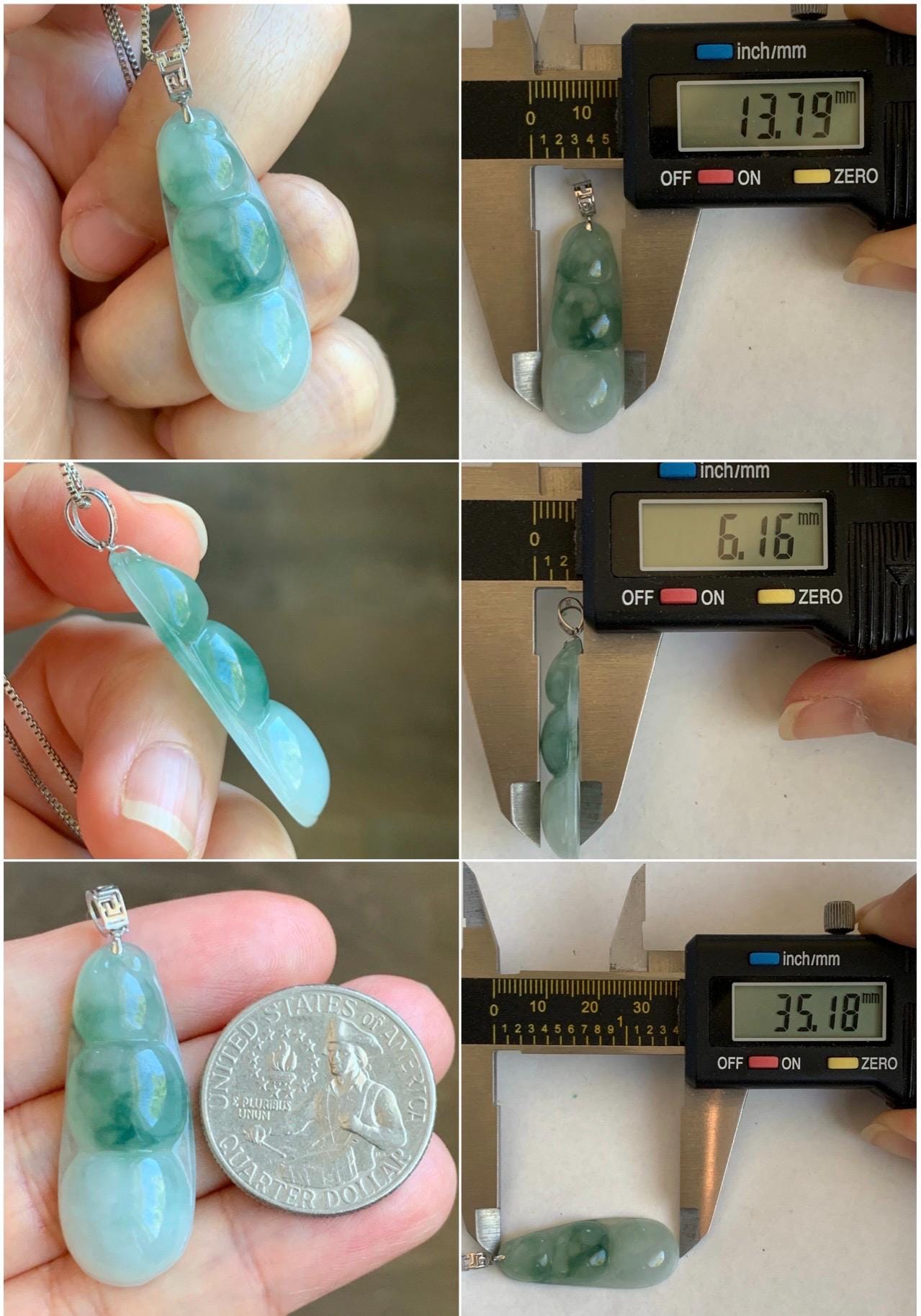 Natural Grade A Icy Translucent Light Green Marbled Jade Jadeite Carved Lucky Peapod Pendant 18K White Gold 5g 天然冰飘花翡翠福豆镶嵌吊坠 MDD230A