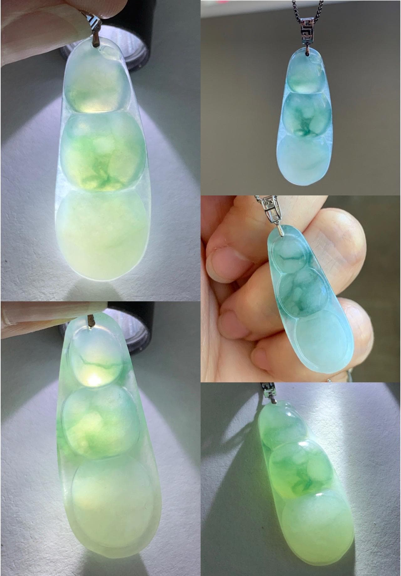 Natural Grade A Icy Translucent Light Green Marbled Jade Jadeite Carved Lucky Peapod Pendant 18K White Gold 5g 天然冰飘花翡翠福豆镶嵌吊坠 MDD230A