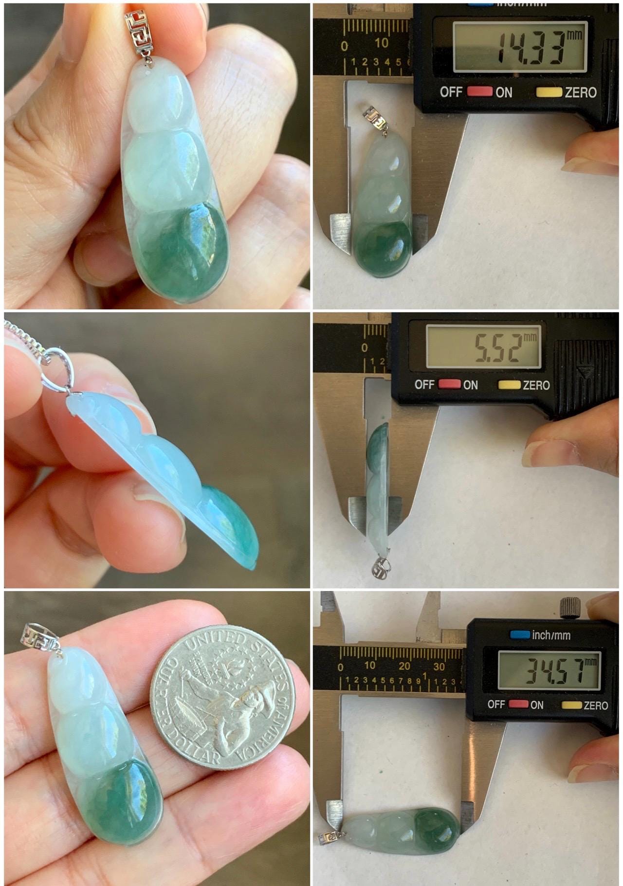 Natural Grade A Icy Translucent Light Green Marbled Jade Jadeite Carved Lucky Peapod Pendant 18K White Gold 5g 天然冰飘花翡翠福豆镶嵌吊坠 MDD230B
