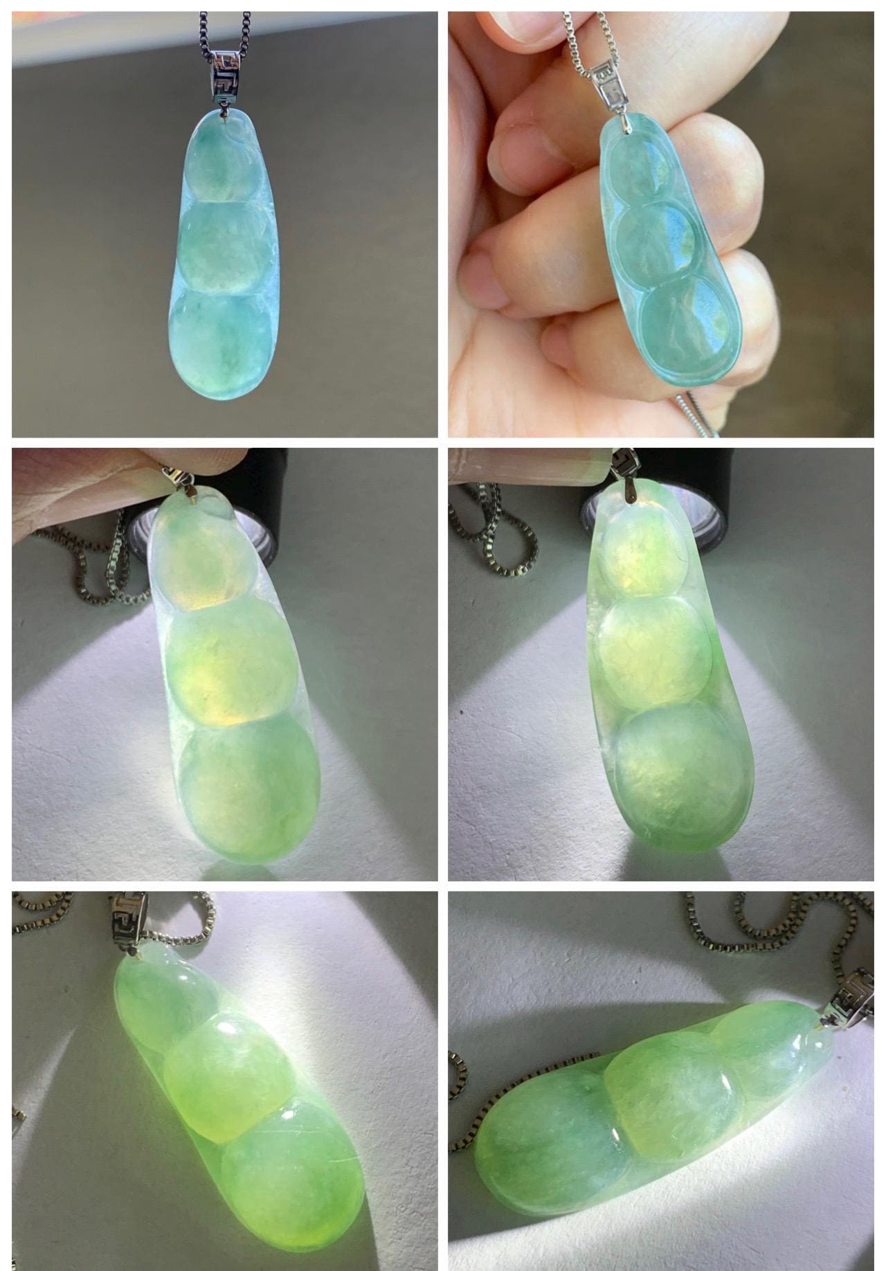 Natural Grade A Icy Translucent Light Green Marbled Jade Jadeite Carved Lucky Peapod Pendant 18K White Gold 5g 天然冰飘花翡翠福豆镶嵌吊坠 MDD230C